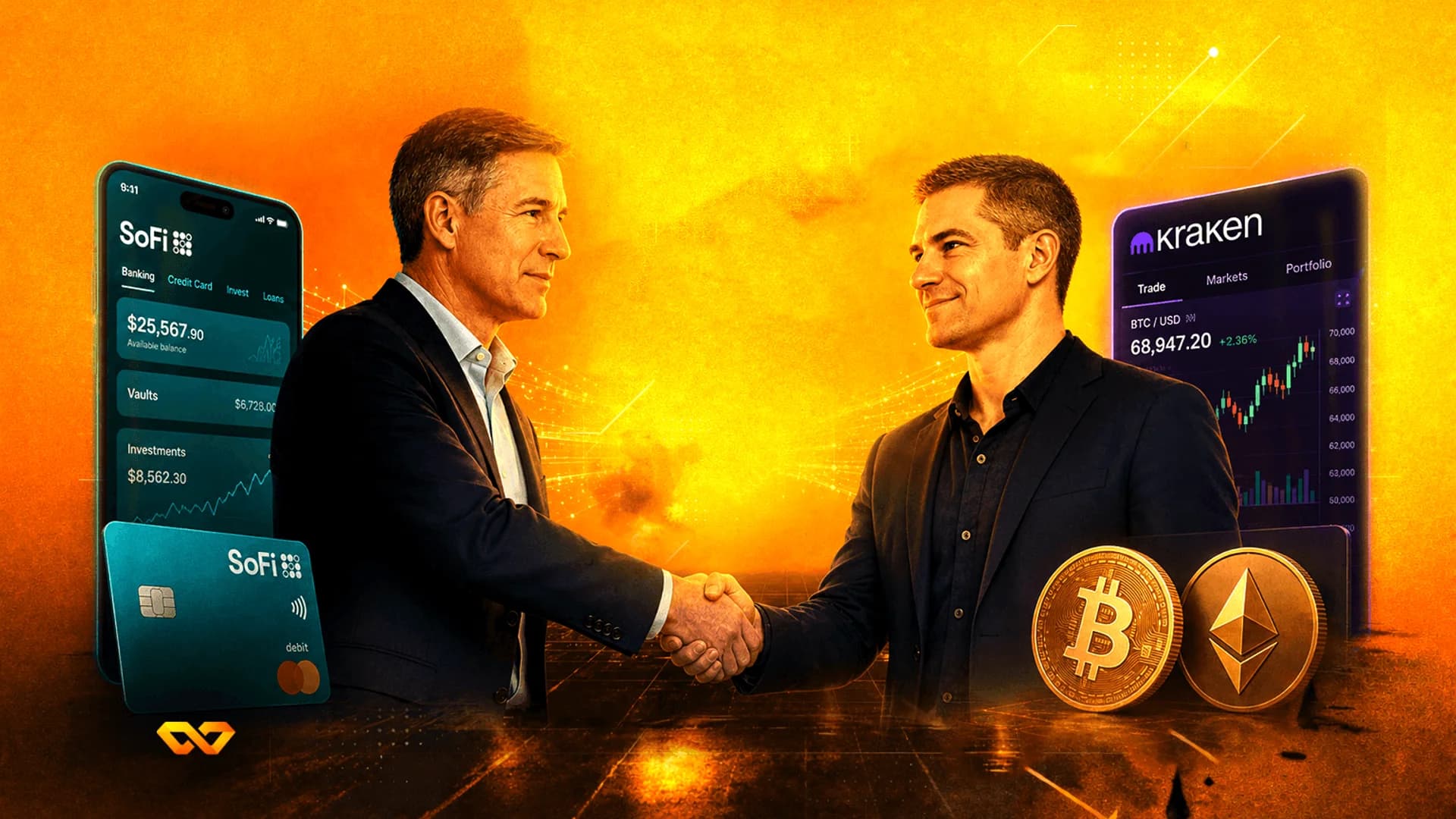 Two men shaking hands between a SoFi app and a Kraken trading screen with Bitcoin and Ethereum coins.