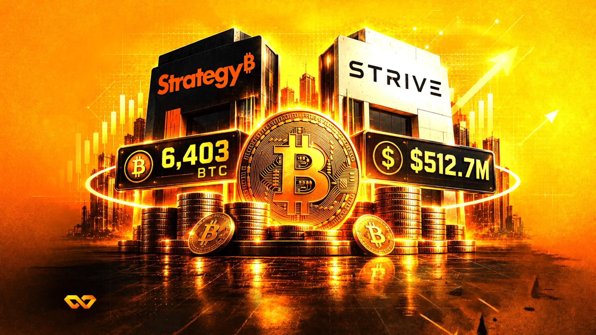 Digital art of buildings labeled Strategy and Strive with a large Bitcoin coin and financial data signs.
