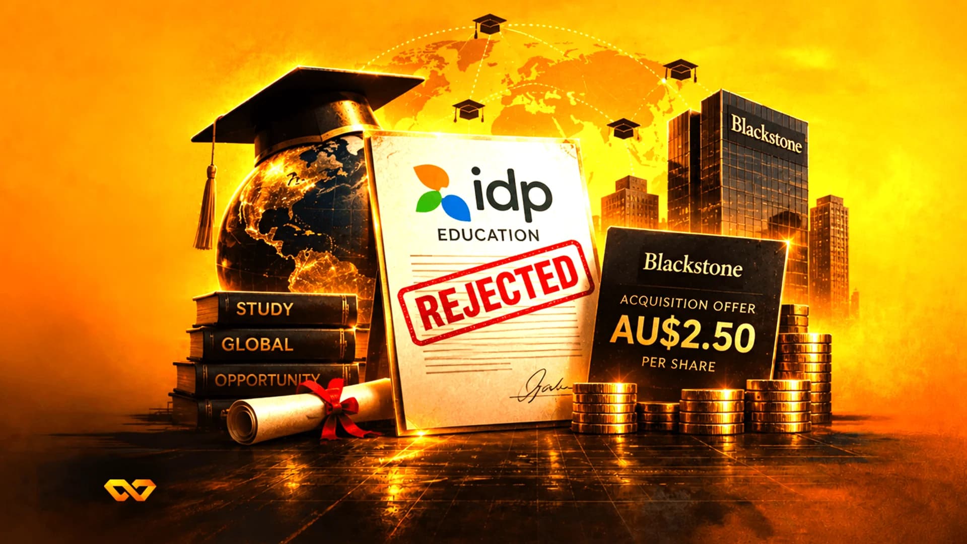IDP Education document with a red REJECTED stamp next to a Blackstone acquisition offer card and gold coins.