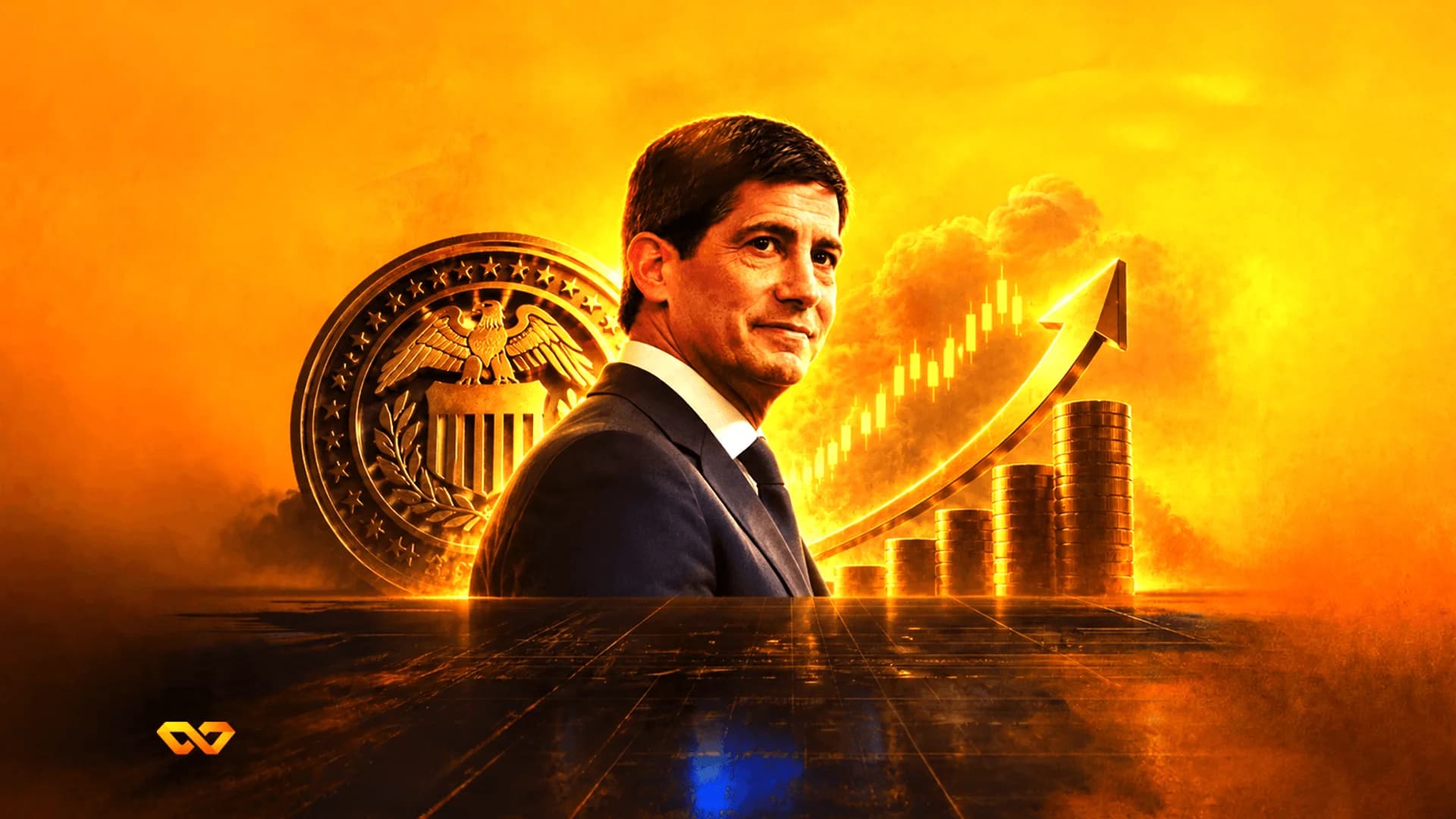 Portrait of a man in a suit with a US seal, rising candlestick chart, and gold coins on an orange background.