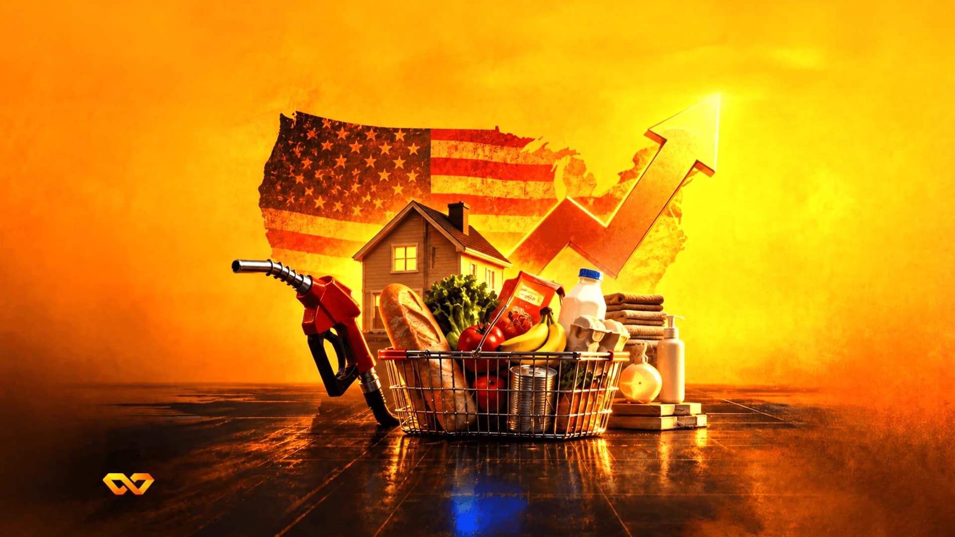 Groceries in a basket, a gas nozzle, and a small house model before a US flag map and a large upward arrow.