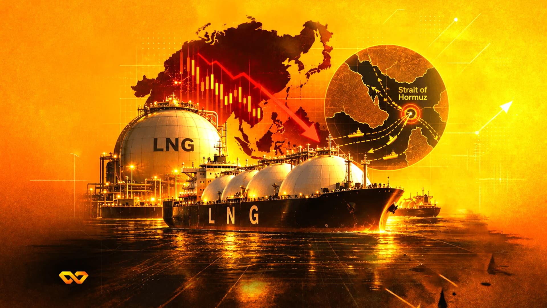 LNG tanker and storage tank against an orange background with a red downward chart and map of the Strait of Hormuz.