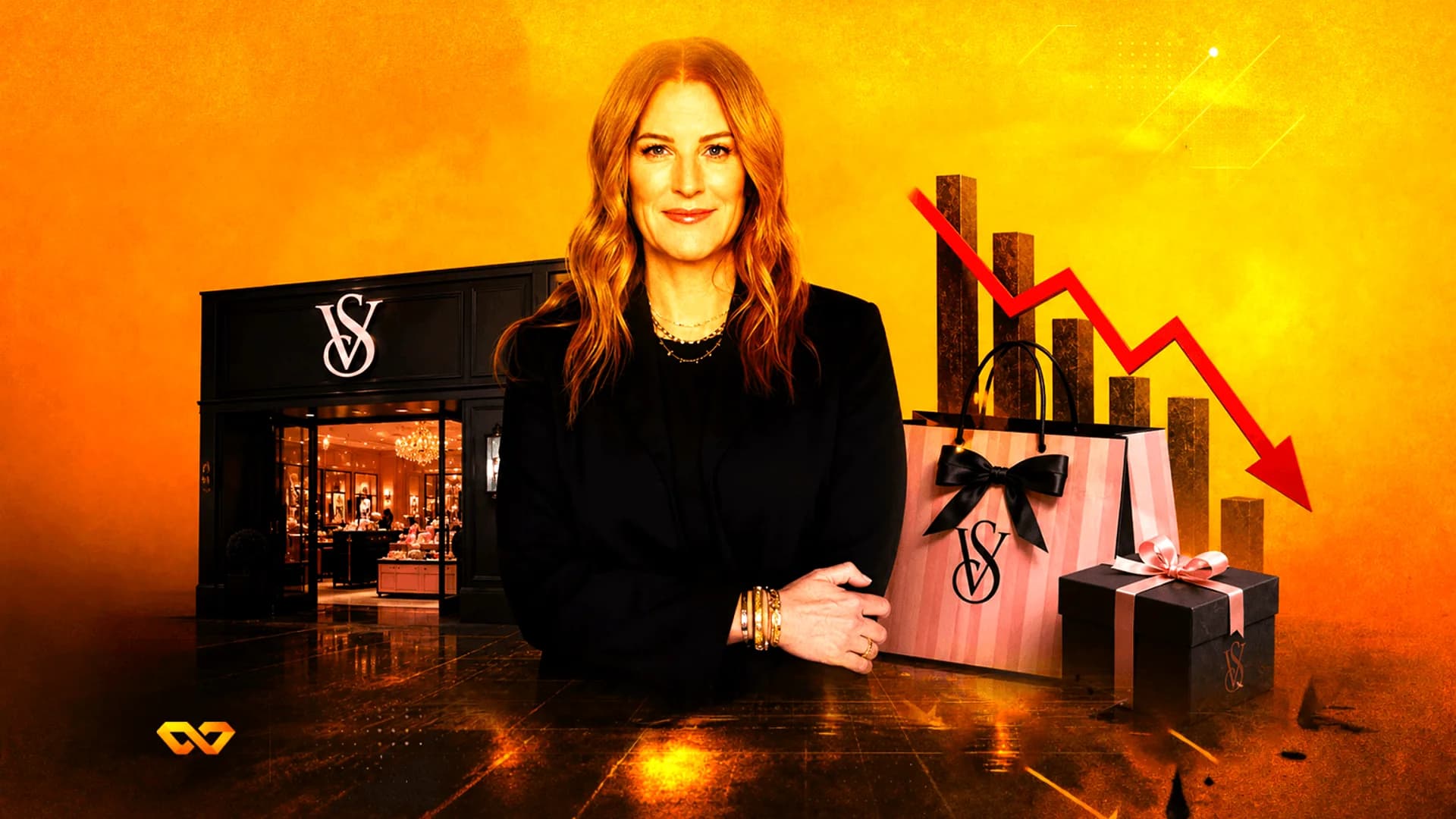 Woman in a black blazer between a Victoria's Secret storefront and a red downward arrow over a bar chart.