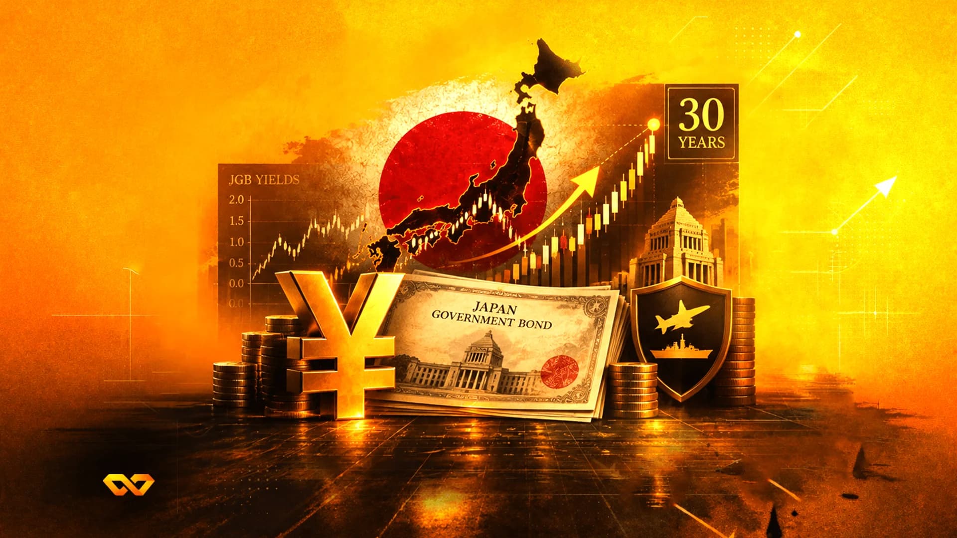 Gold Yen symbol, Japan government bond, and JGB yield chart against a Japanese flag and map background.