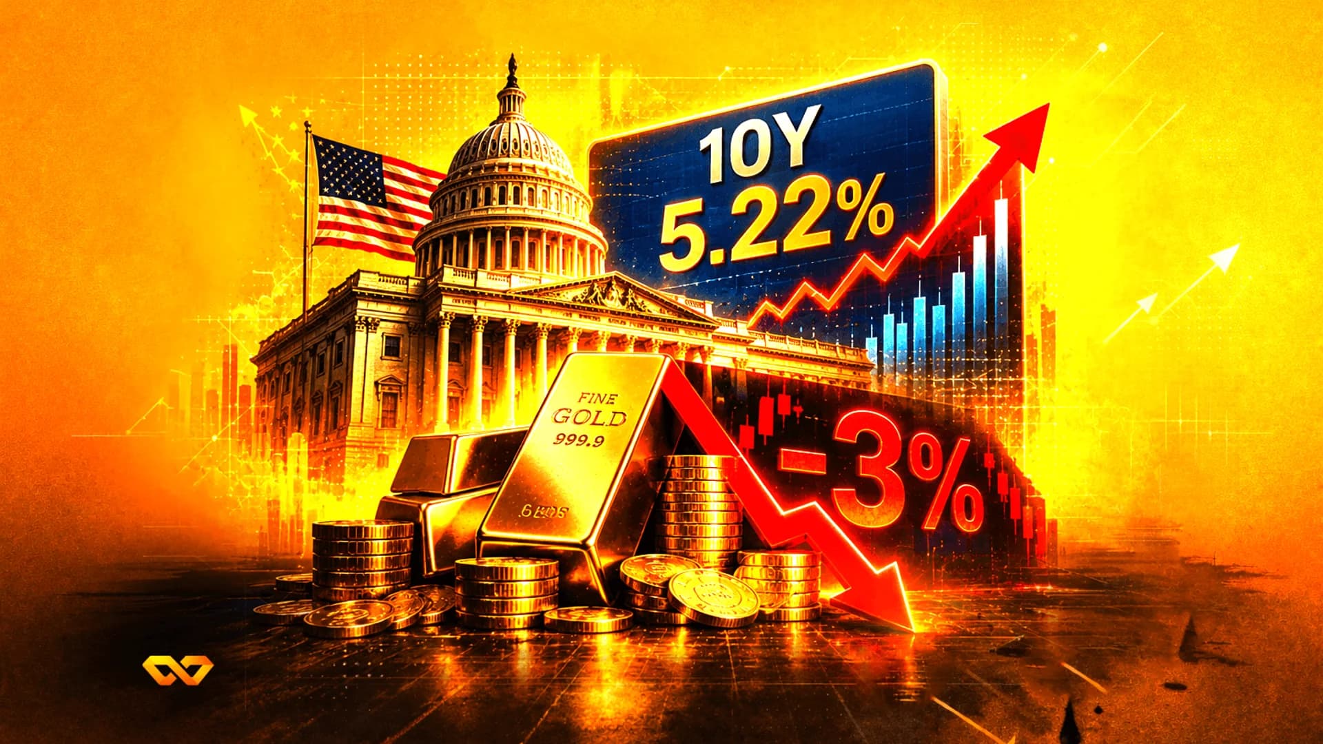 US Capitol, US flag, gold bars, and financial charts with a 10Y 5.22% sign on a golden background.