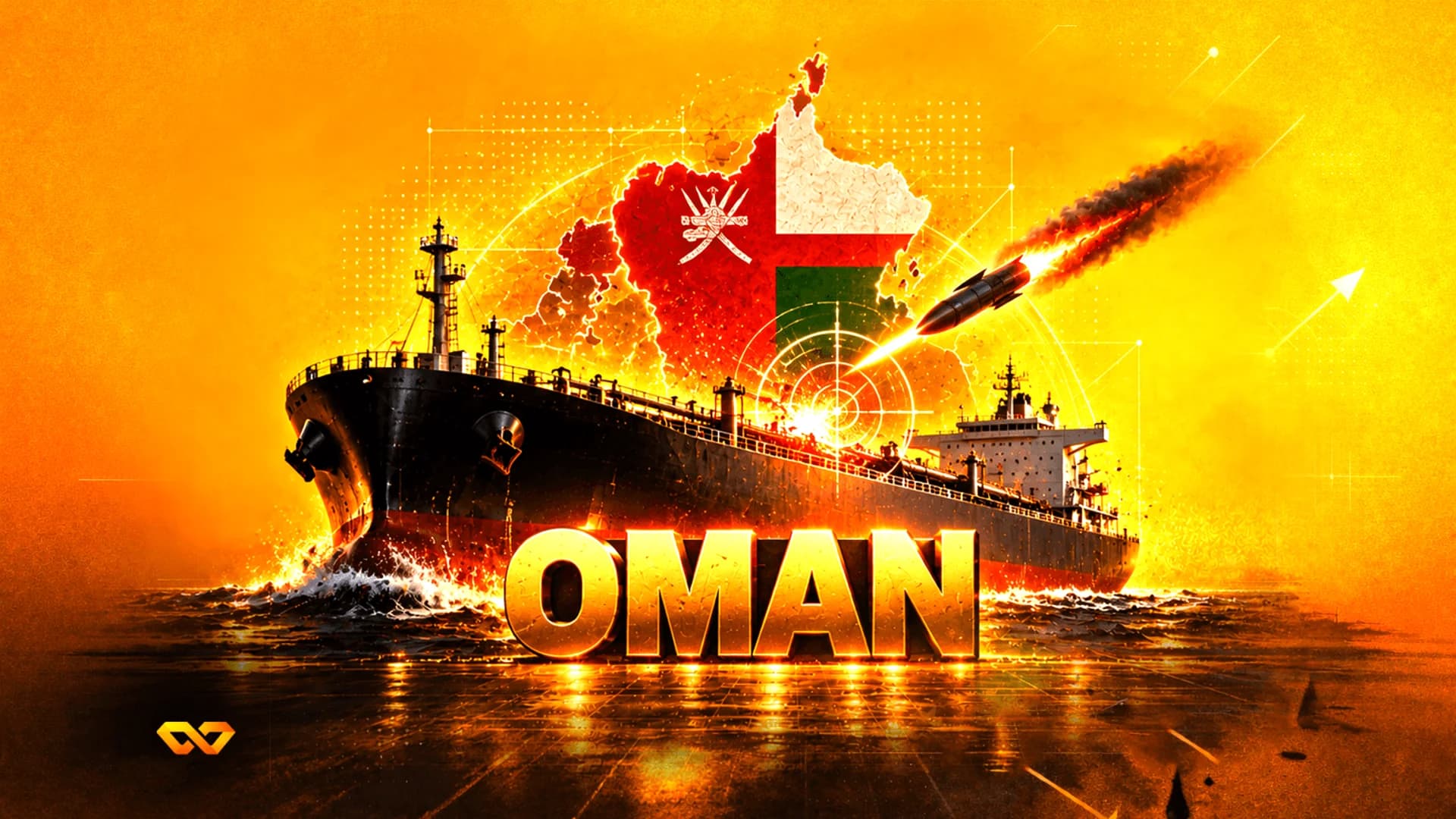 Oil tanker at sea with an incoming missile, a map of Oman with its flag, and the word OMAN in large gold letters.
