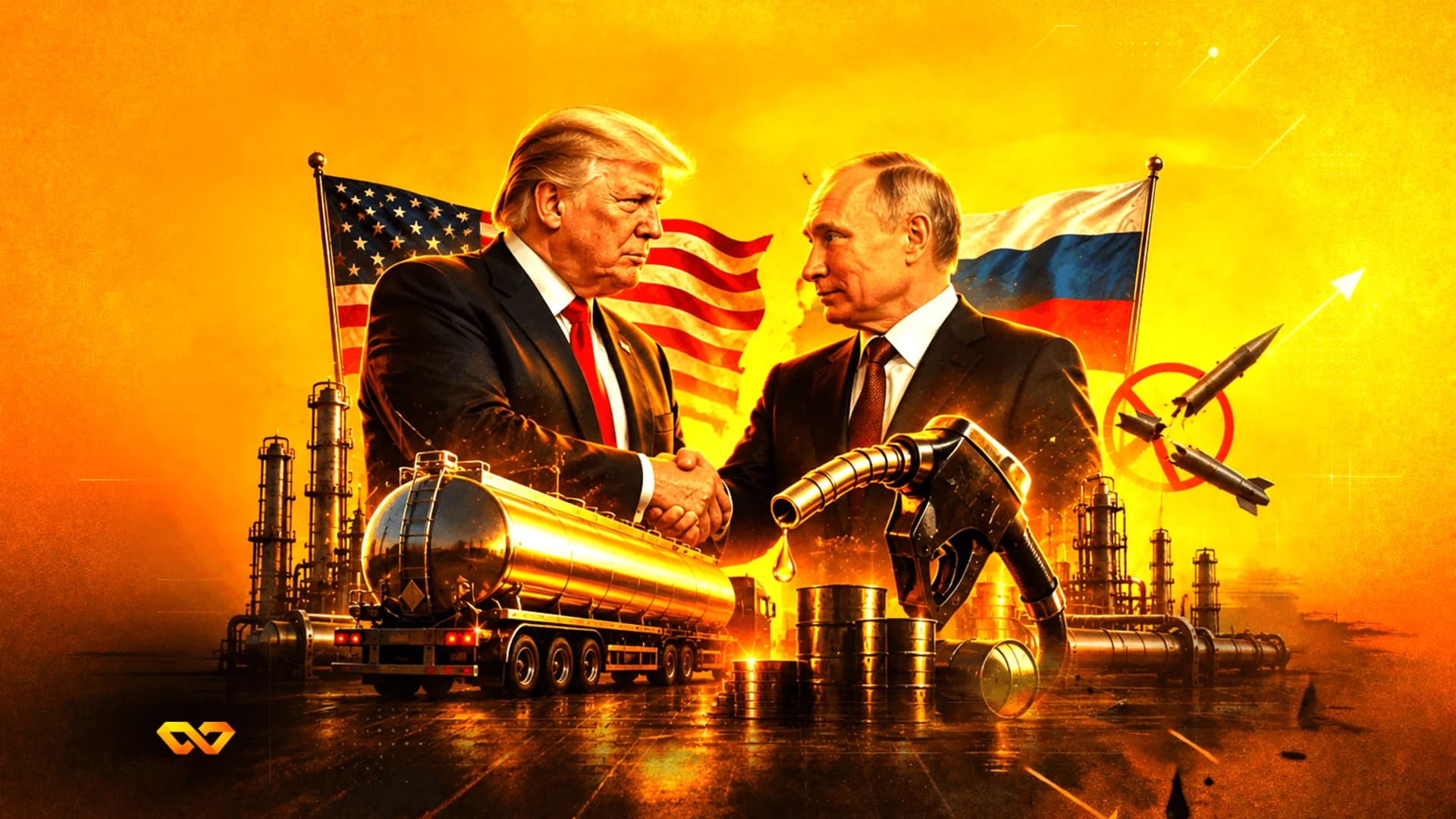 Donald Trump and Vladimir Putin shaking hands with US and Russian flags, oil tanker, and refinery in golden light.