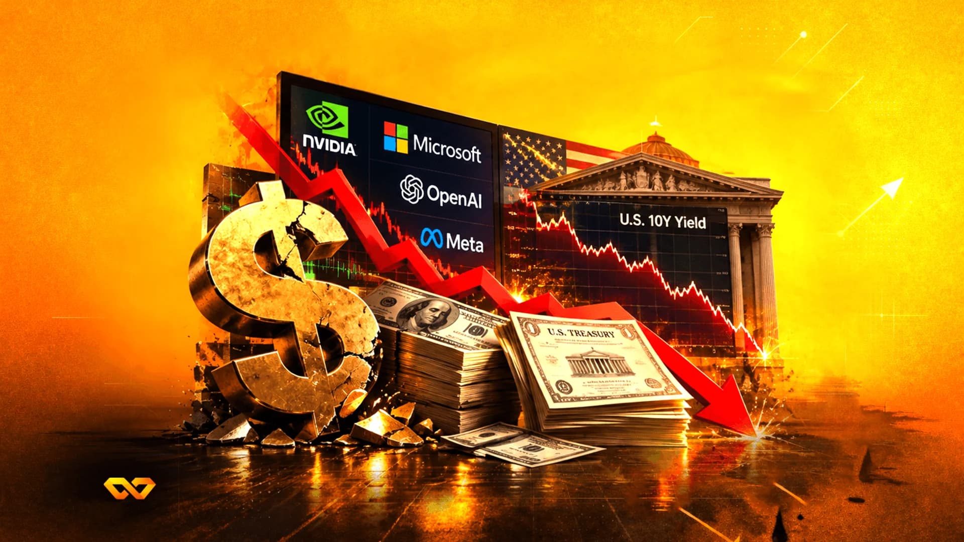 Cracked golden dollar sign, stacks of cash, and a red downward arrow before tech logos and a government building.