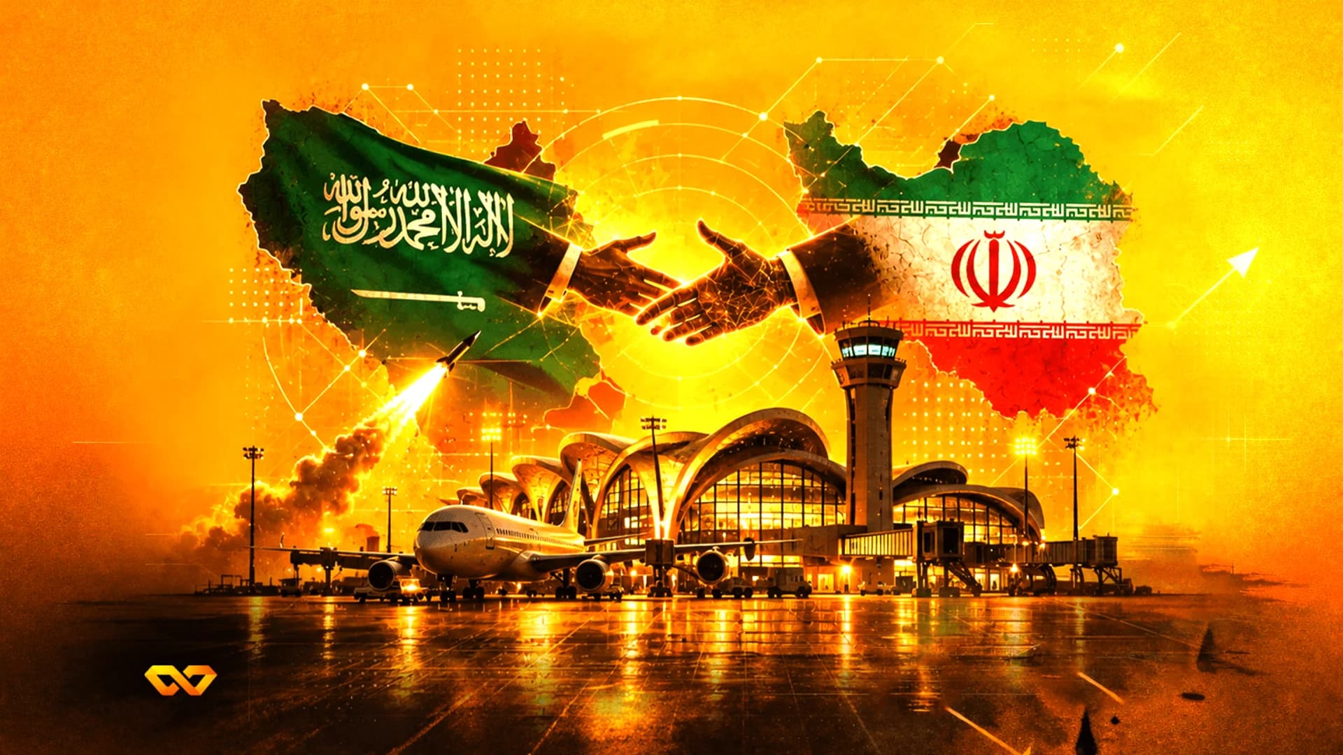 رسم رقمي لمصافحة بين علمي السعودية وإيران فوق مطار وصاروخ ينطلق في الخلفية.