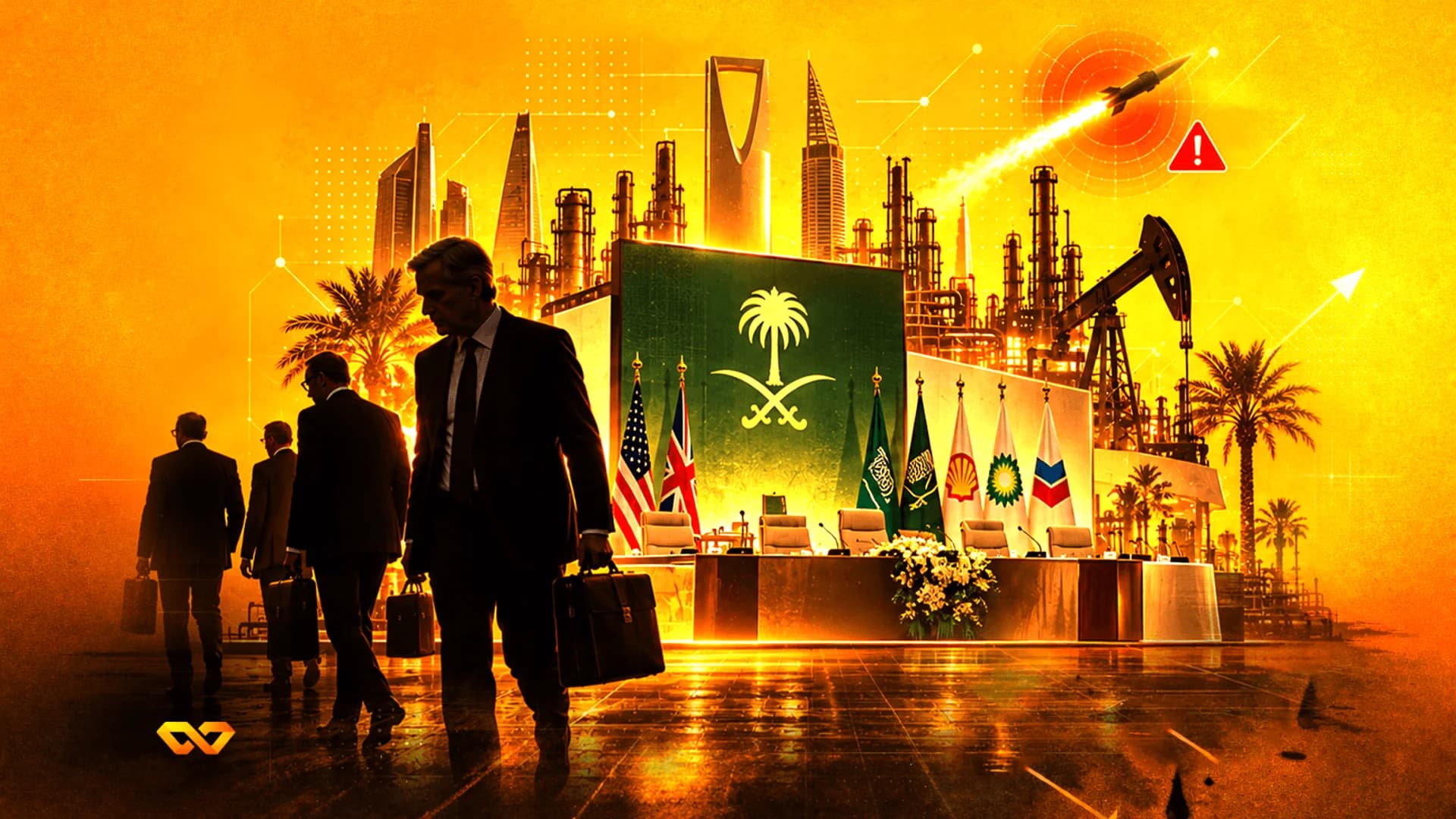 Businessmen walk past a conference table with Saudi, US, and UK flags against an oil refinery and missile launch.
