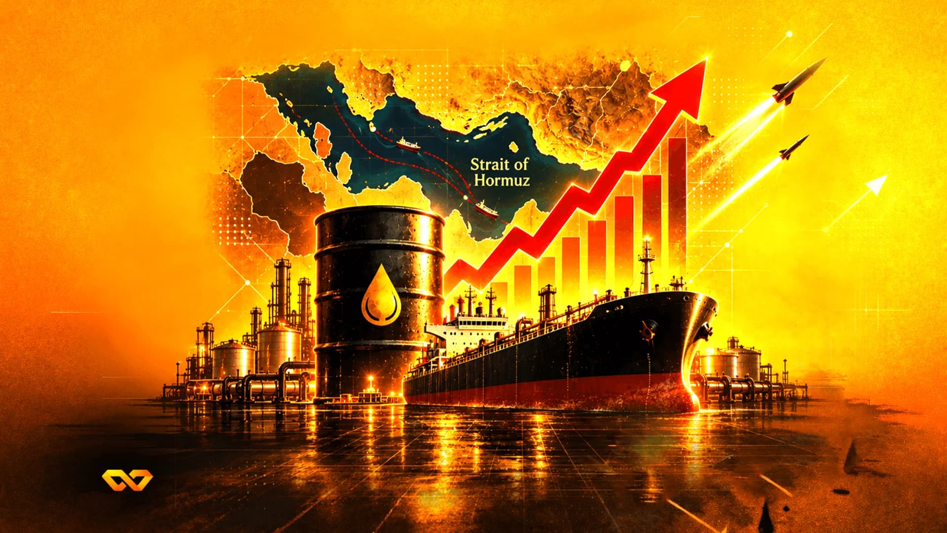 Illustration of an oil barrel, tanker, and refinery with a rising red arrow and map of the Strait of Hormuz.