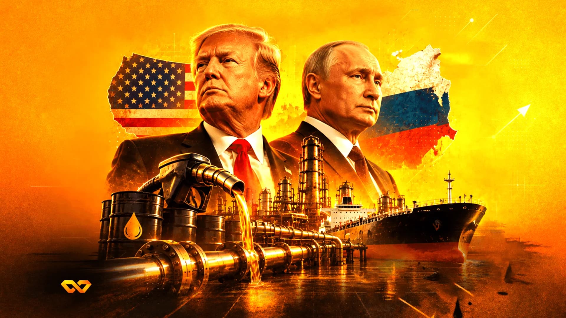 Portraits of Donald Trump and Vladimir Putin with US and Russian flags, oil barrels, pipelines, and a tanker.