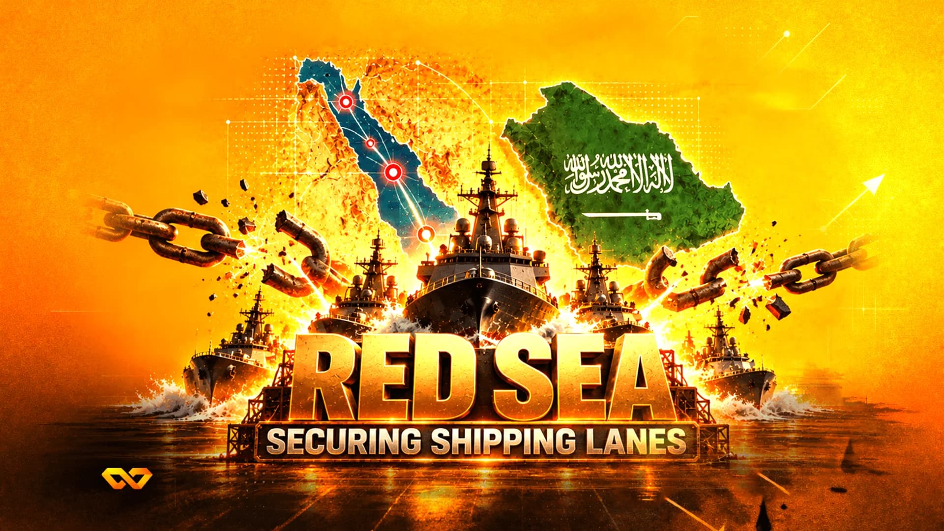 سفن حربية في البحر الأحمر مع خريطة للمملكة العربية السعودية وسلاسل مكسورة على خلفية برتقالية.