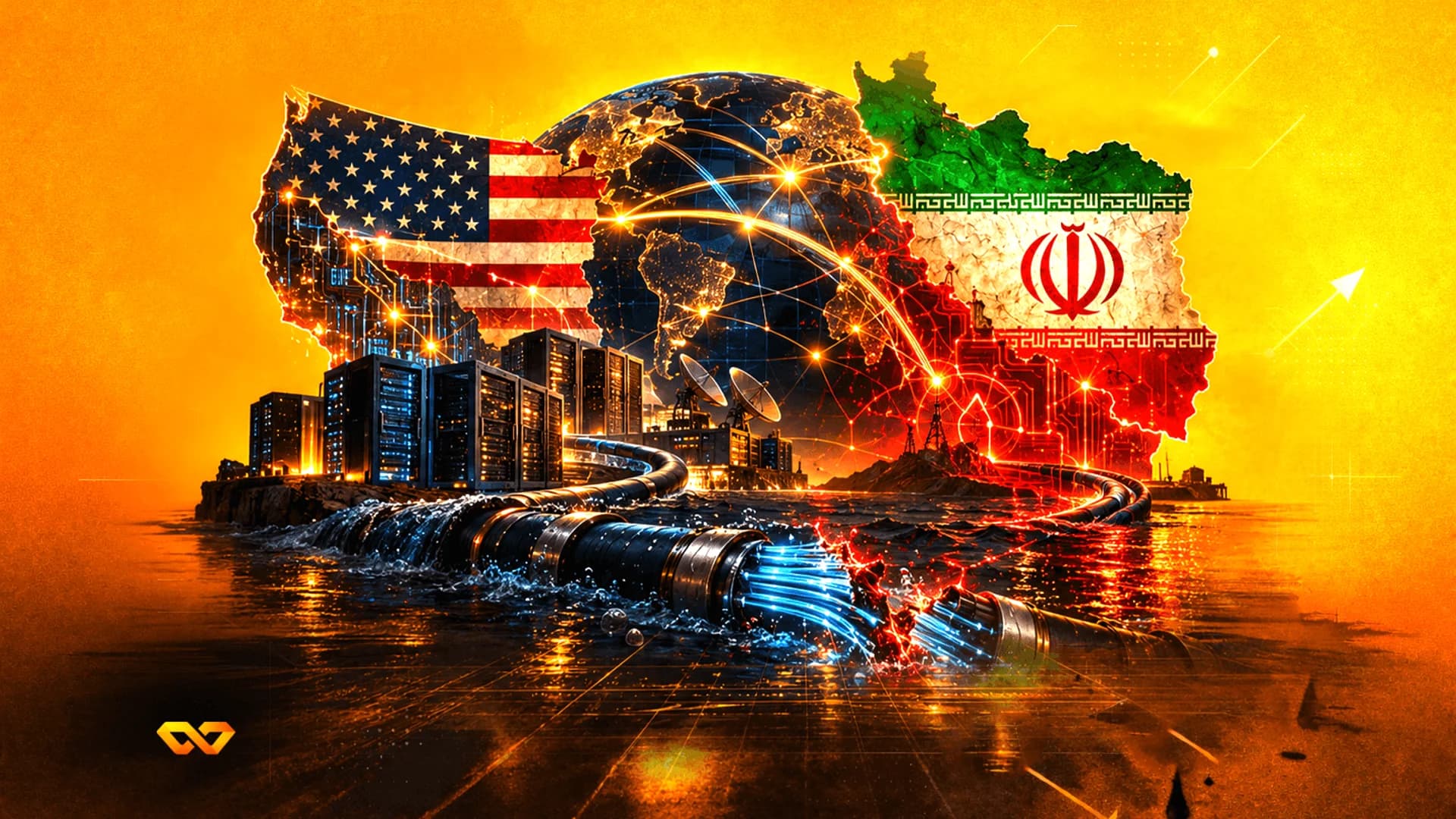 Digital illustration of US and Iran flags over a globe with a severed undersea fiber optic cable in the foreground.