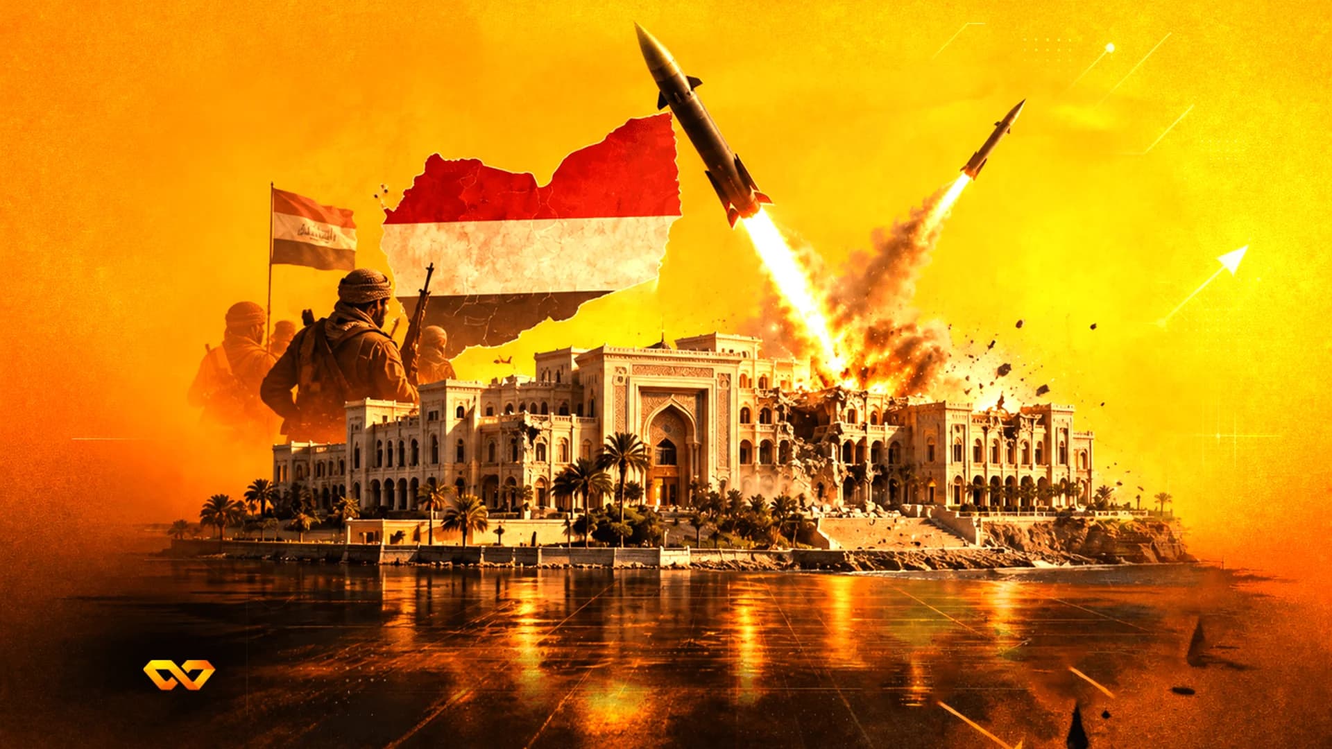 تصميم رقمي لقصر يتعرض لهجوم صاروخي مع خريطة اليمن وعلم العراق وجنود.