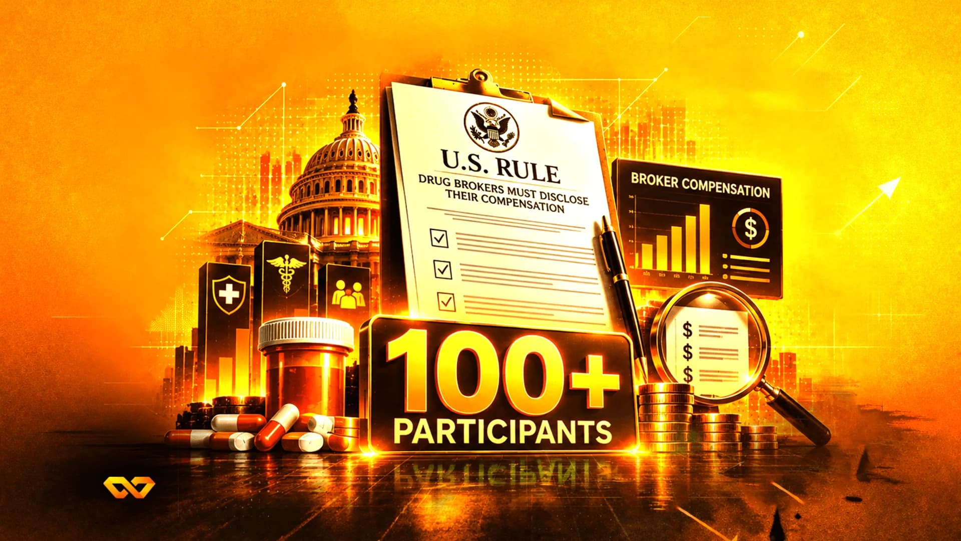 Digital illustration of a clipboard with U.S. Rule text, the Capitol building, pill bottles, and gold coins.