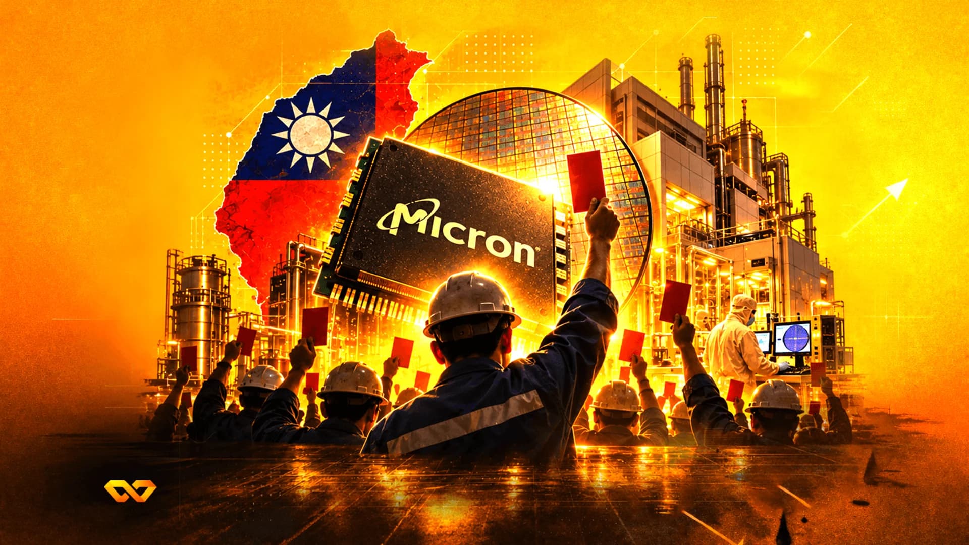 Collage of workers holding red cards in front of a Micron chip, Taiwan map, and a semiconductor factory.