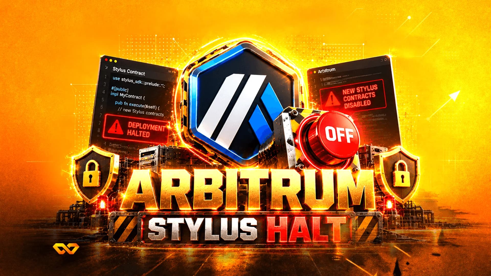 Arbitrum logo with 'ARBITRUM STYLUS HALT' text, a red 'OFF' button, and warning signs on digital screens.