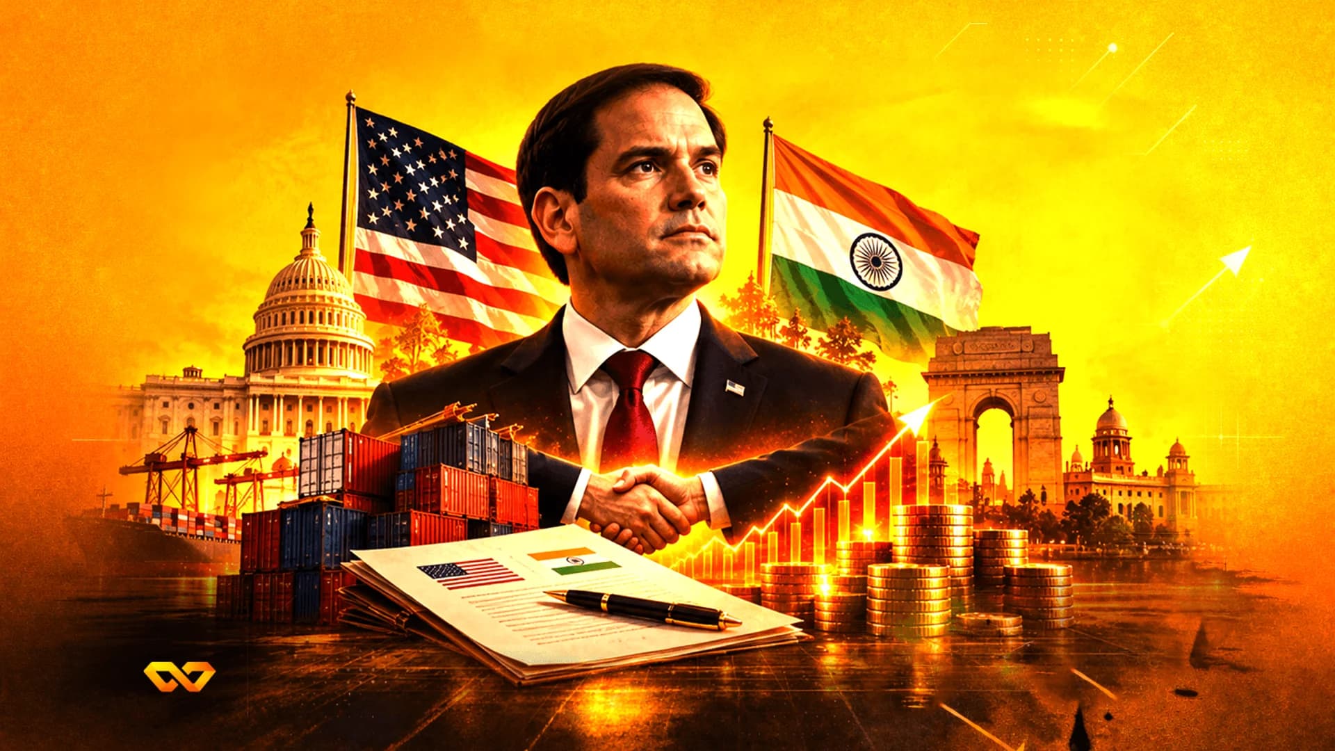 Digital collage of Marco Rubio, US and Indian flags, the US Capitol, India Gate, and trade symbols on a gold background.