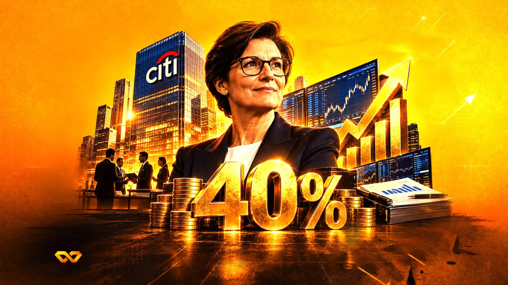 صورة لامرأة ترتدي نظارات أمام مبنى سيتي، وعلامة 40% ذهبية، وعملات معدنية، ورسم بياني لأسهم صاعدة.