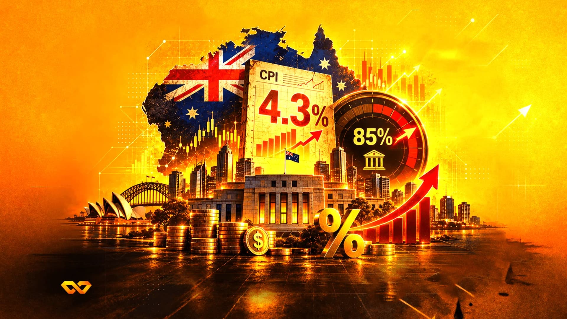 رسم توضيحي برتقالي لخريطة أستراليا وعلمها ومعالم سيدني ونص مؤشر أسعار المستهلك 4.3٪ ورسوم بيانية مالية صاعدة.