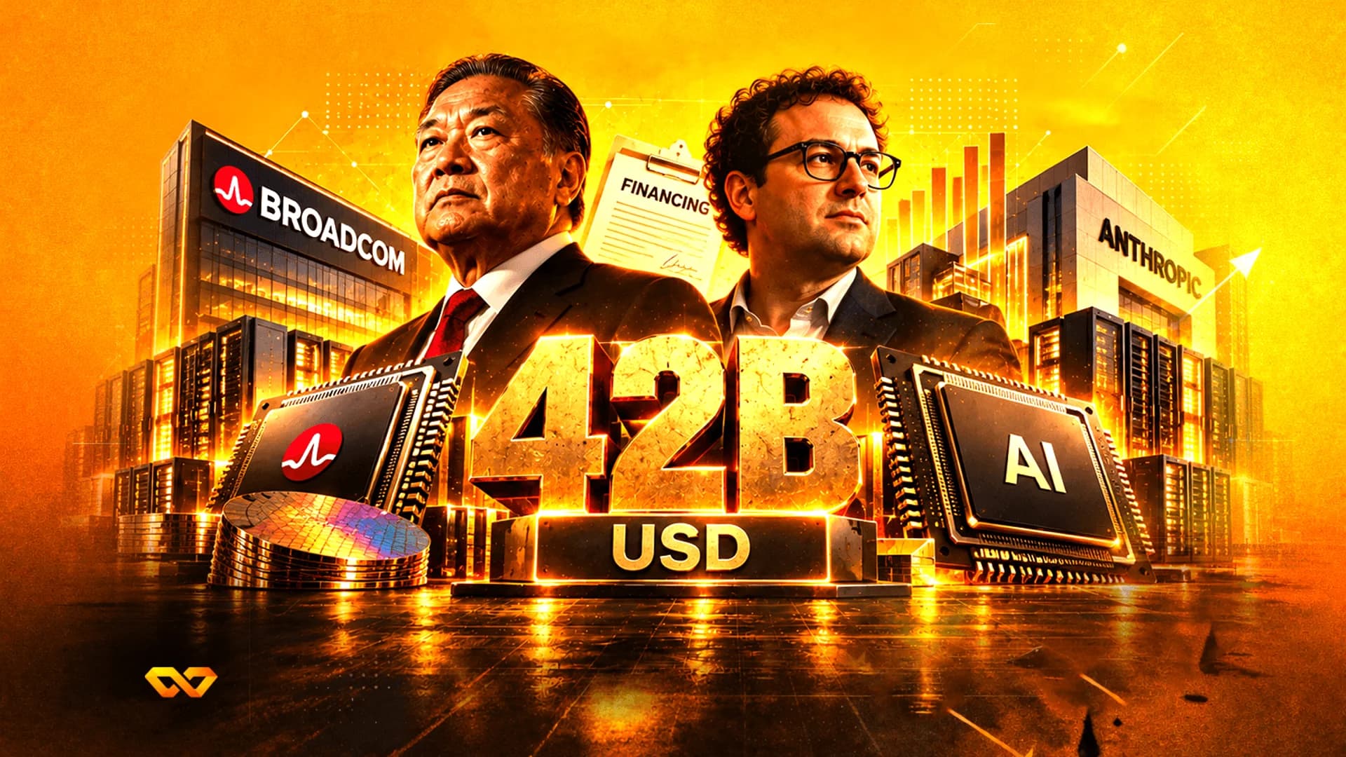 كولاج لرجلين مع شعاري برودكوم وأنثروبيك، ورقائق دقيقة، ونص '42B USD' على خلفية ذهبية.