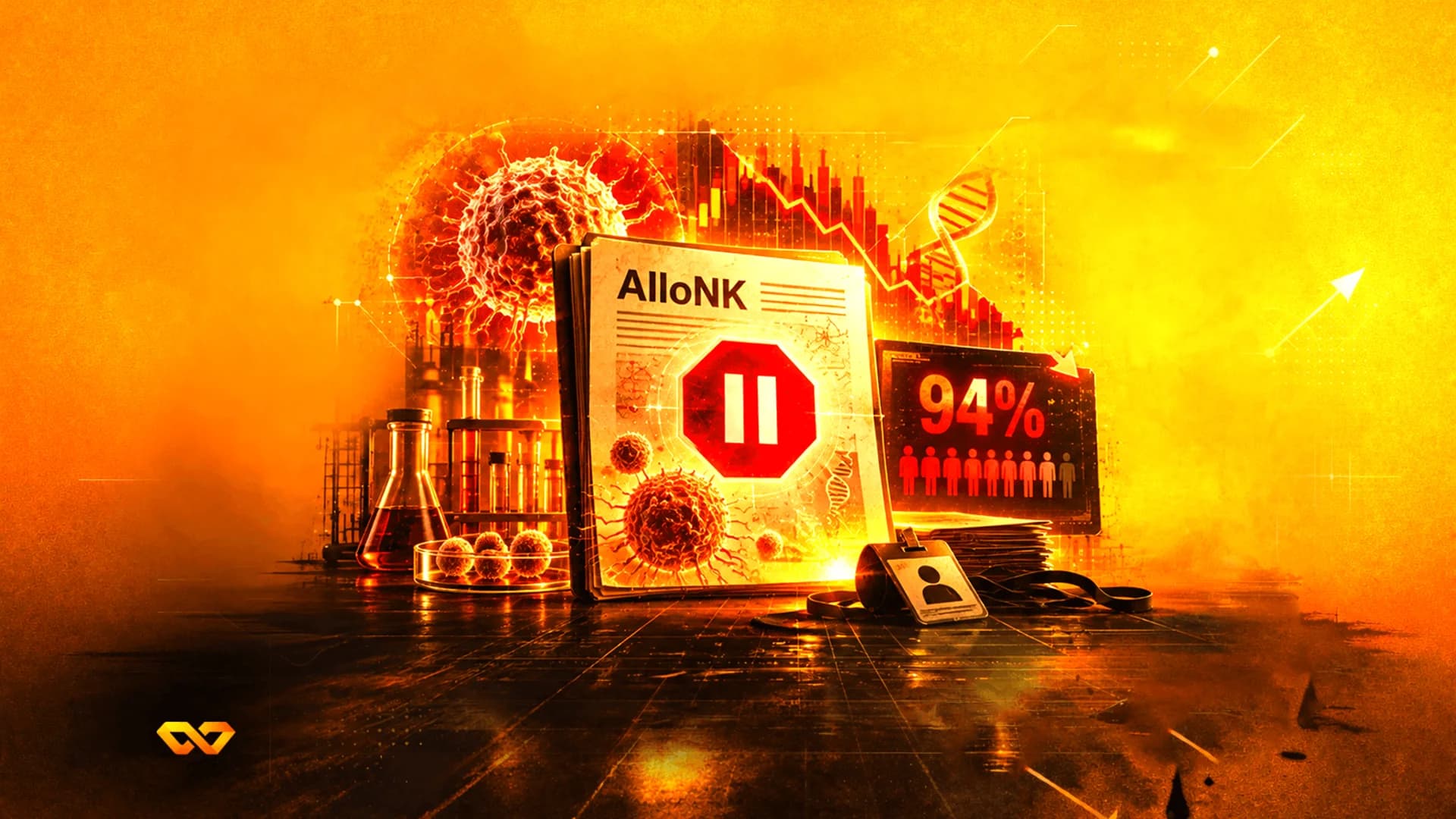 Digital illustration of a document labeled AlloNK with a red pause icon, virus models, and a falling stock chart.
