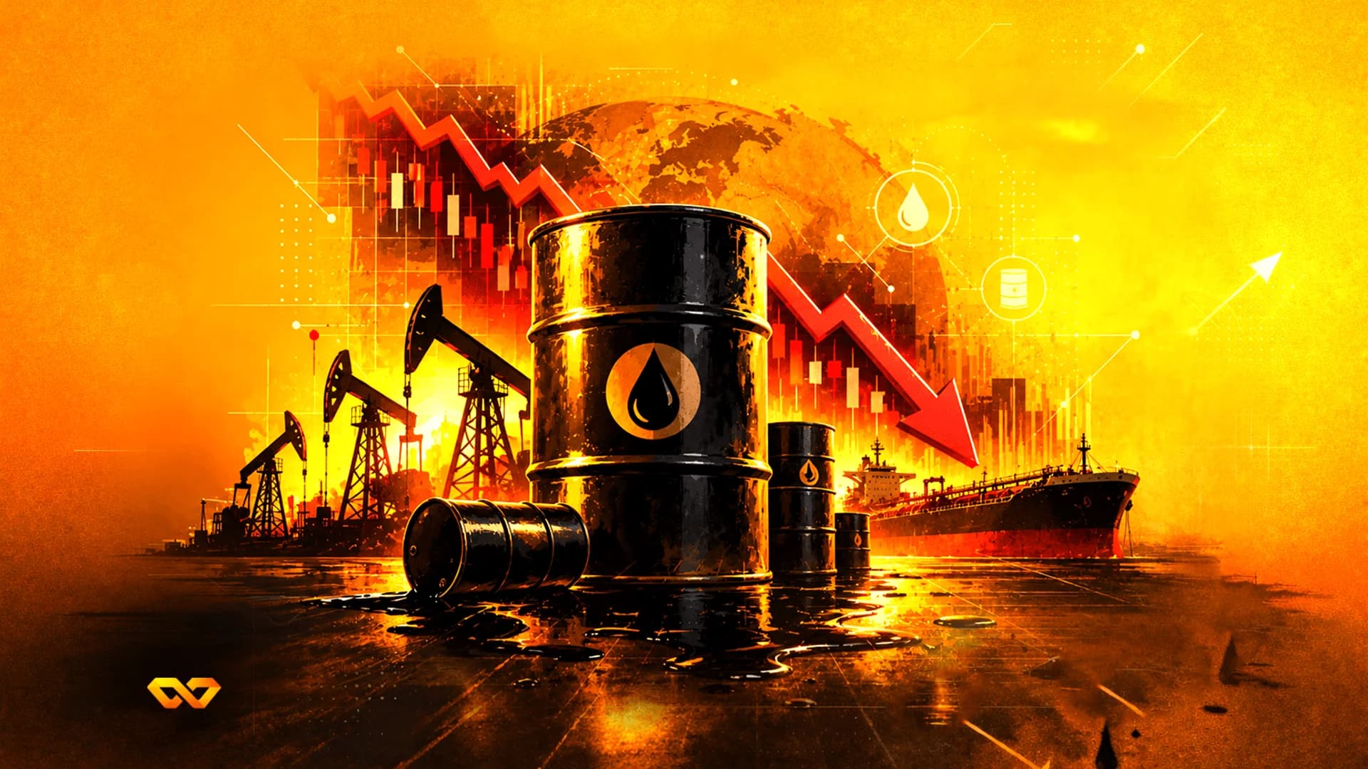 Oil barrels, pumpjacks, and a tanker with a red downward arrow and a candlestick chart on an orange background.