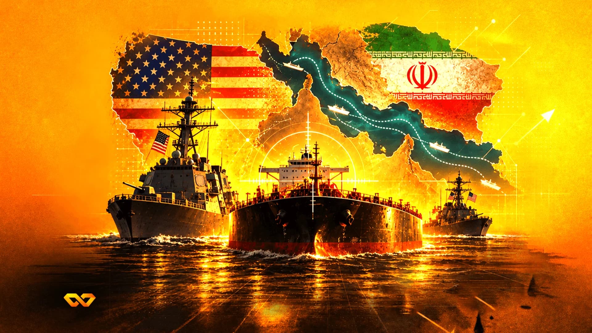 US and Iranian flags over a map of the Persian Gulf with naval ships and an oil tanker on a golden sea.