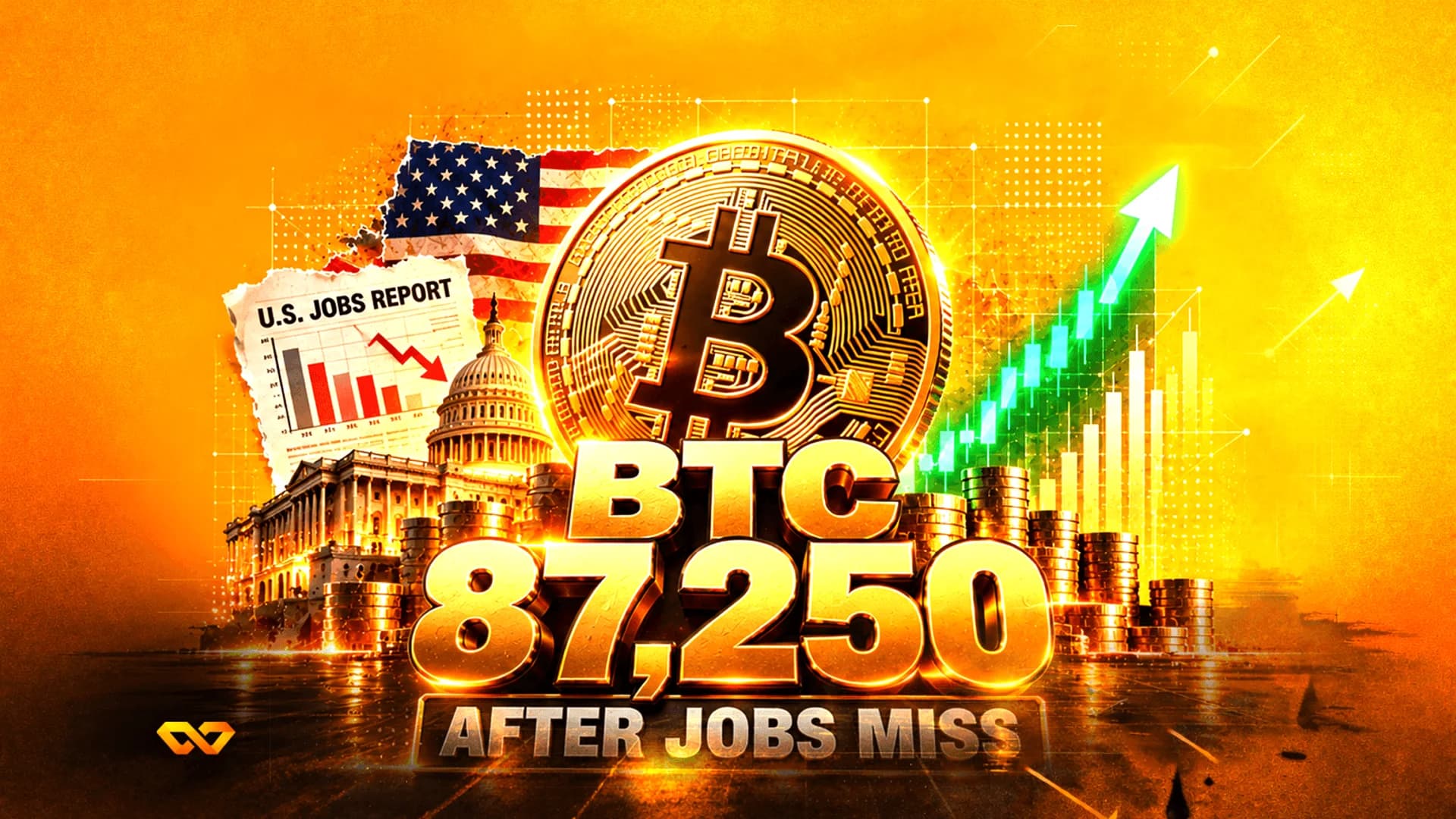 Bitcoin coin, US Capitol, and a jobs report chart with a green rising arrow on a golden background.