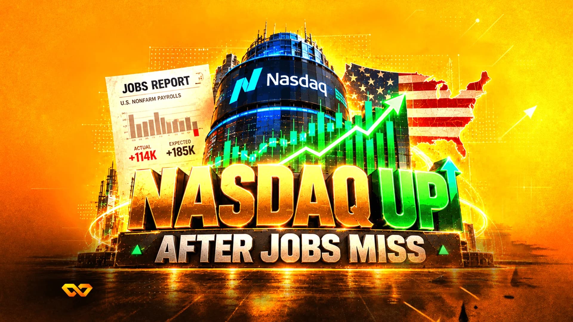 3D text 'NASDAQ UP' in front of the Nasdaq building, a jobs report, a green chart, and a US map.