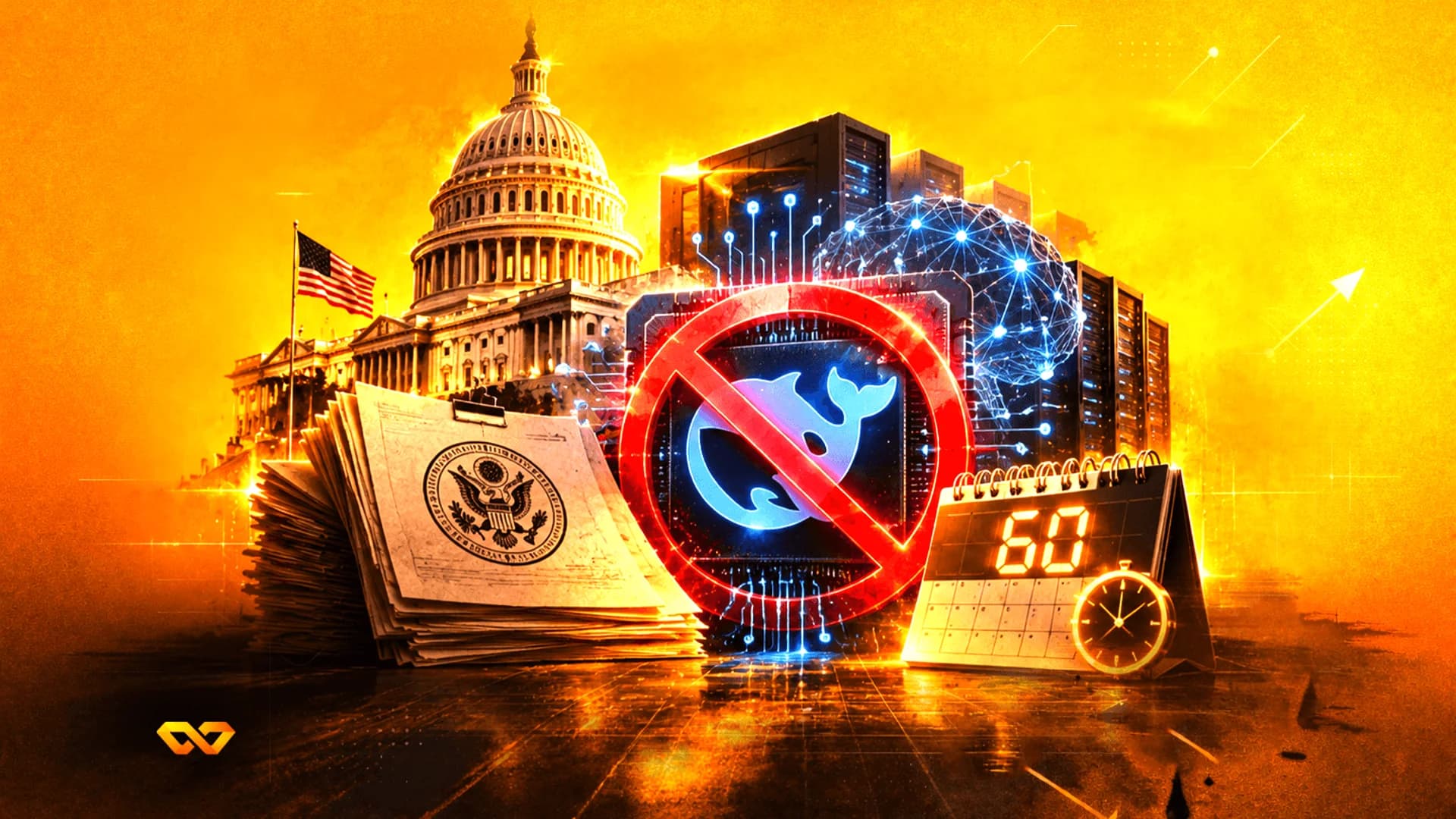 US Capitol building behind a prohibited Docker logo, a stack of government documents, and a 60-day calendar.