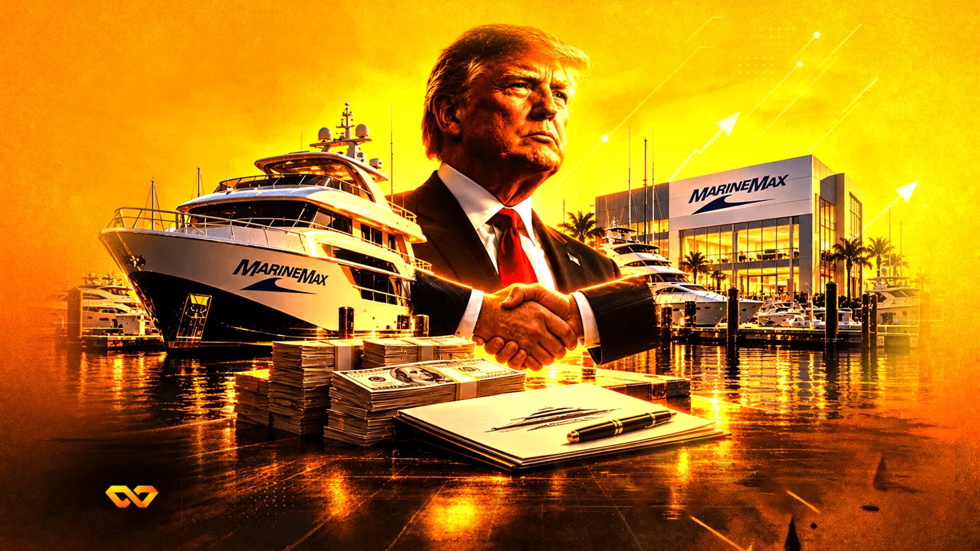 Donald Trump portrait over a MarineMax yacht and building with a handshake, stacks of cash, and a contract.