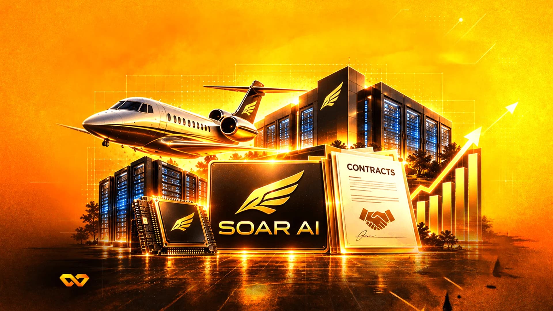 Digital illustration of a private jet, server racks, a 'SOAR AI' sign, and a rising bar chart in gold tones.