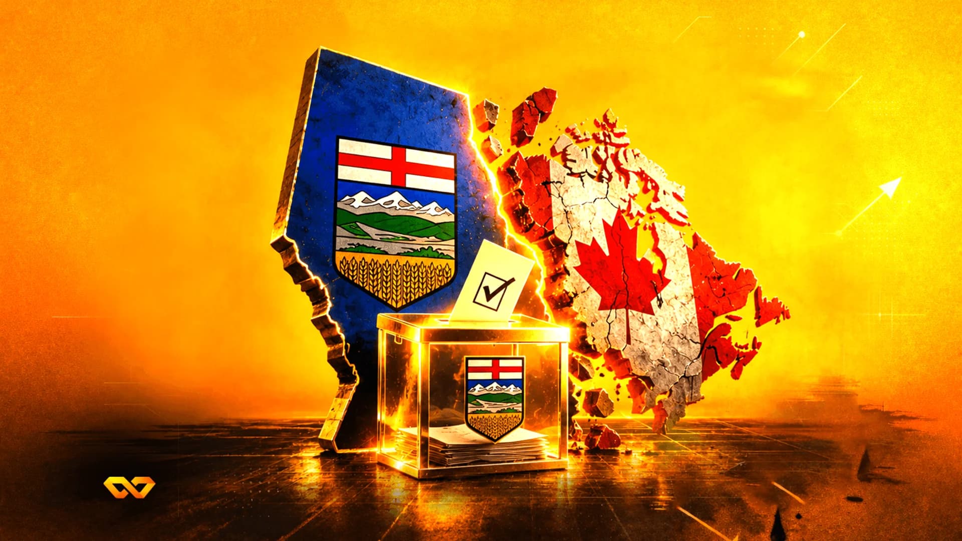 Alberta's map and flag breaking away from Canada's map with a ballot box in the foreground on an orange background.