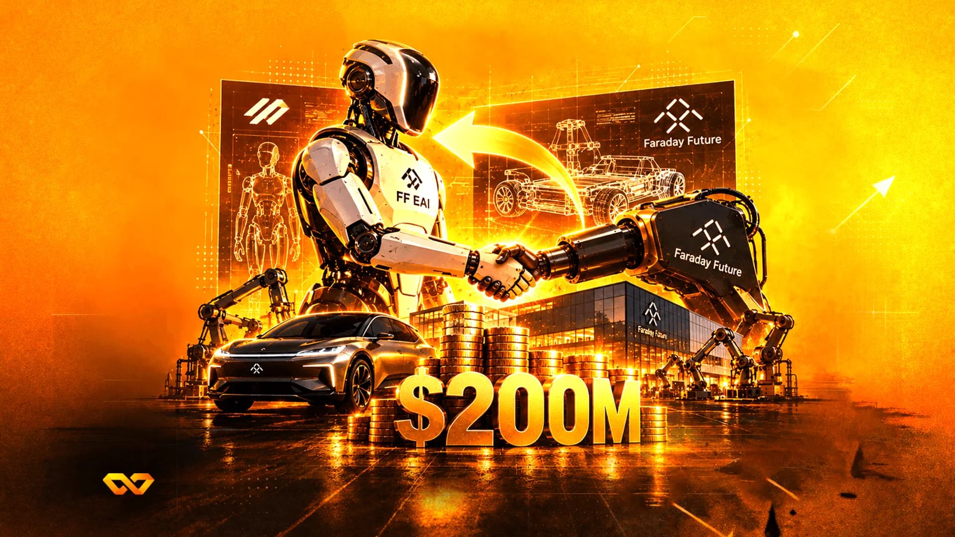 A humanoid robot shakes hands with a robotic arm near a car, gold coins, and $200M text on an orange background.