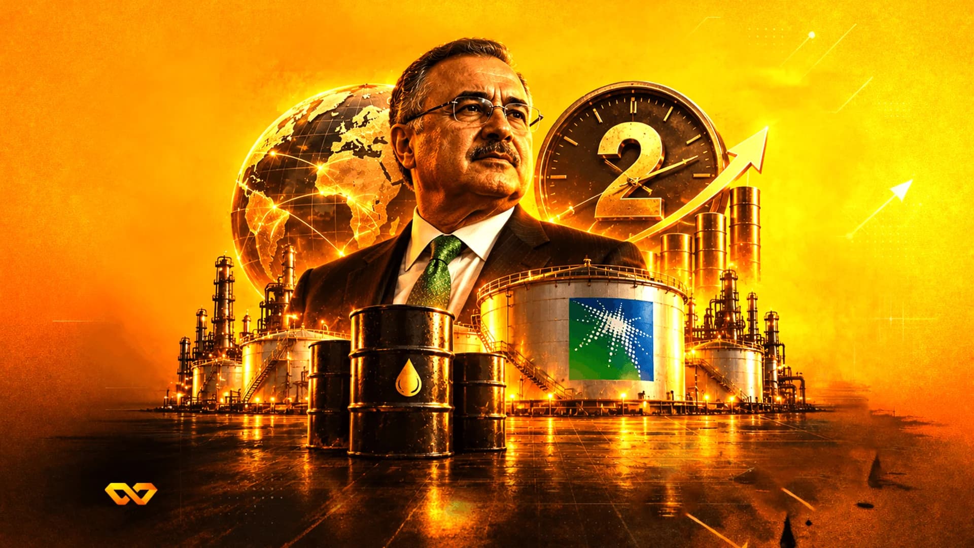 Portrait of a man in a suit over a collage of an oil refinery, barrels, a globe, and the Saudi Aramco logo.