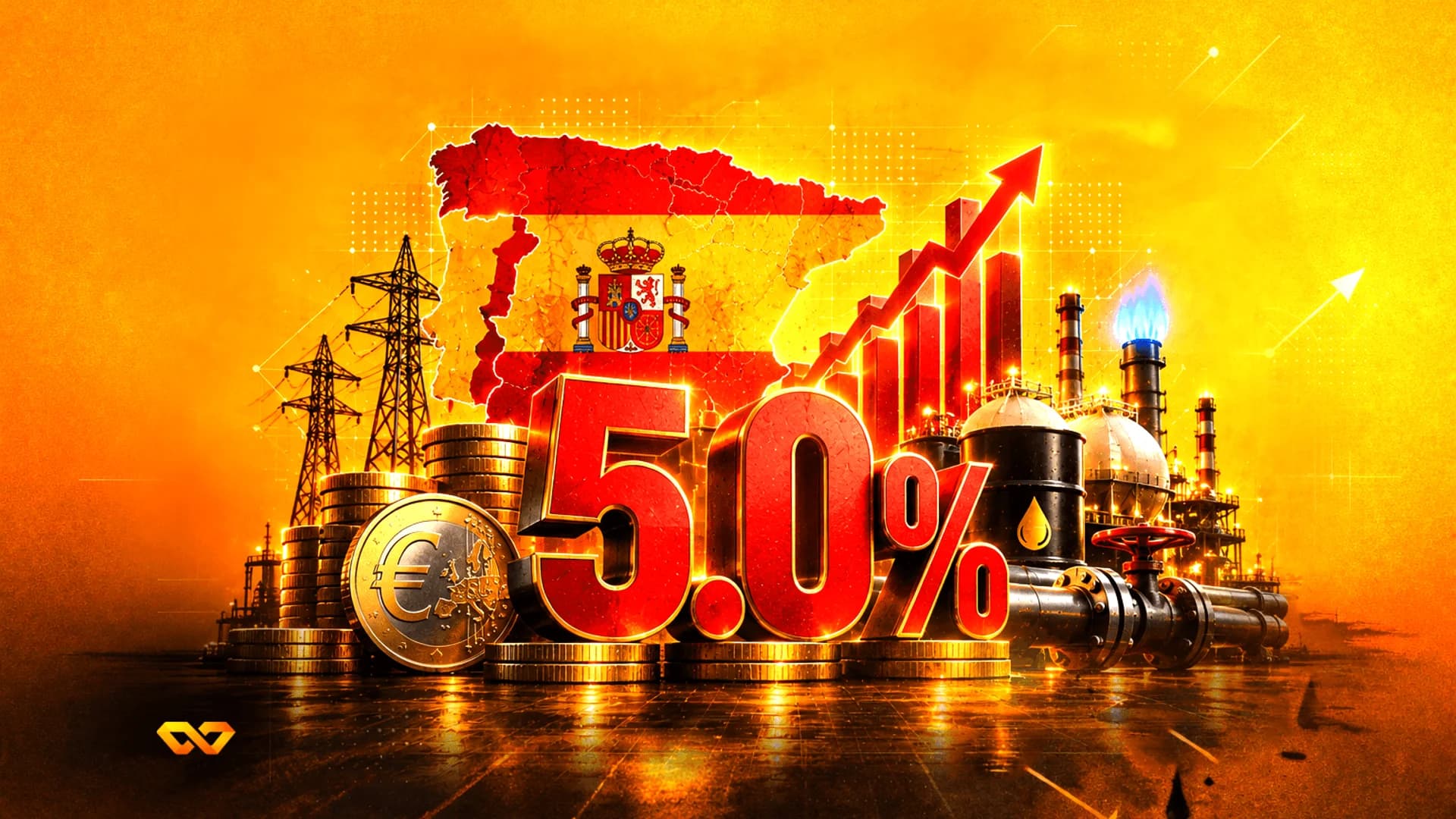 3D red 5.0% text in front of a Spanish flag map, Euro coin, and energy infrastructure on an orange background.