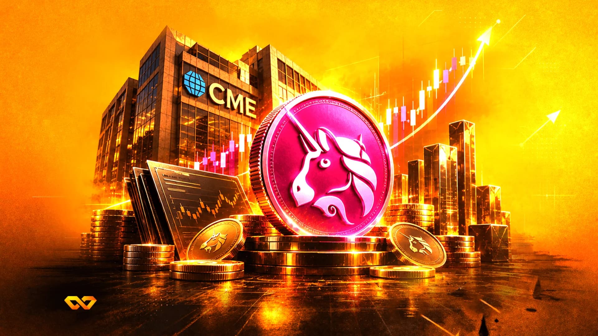 A pink unicorn coin stands before a CME building with rising candlestick charts and gold coins on an orange background.