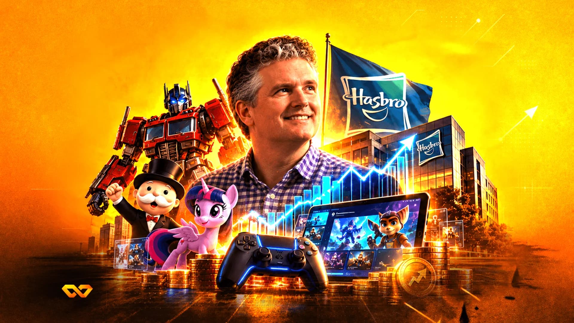 Collage of a man, Hasbro characters, a rising stock chart, and a corporate building on a yellow background.