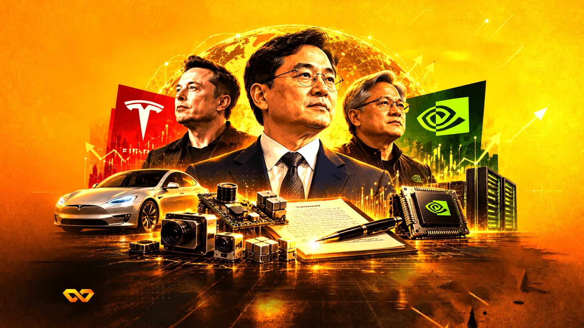 Collage of Elon Musk, Jensen Huang, and a tech executive with Tesla and Nvidia logos, a car, and microchips.