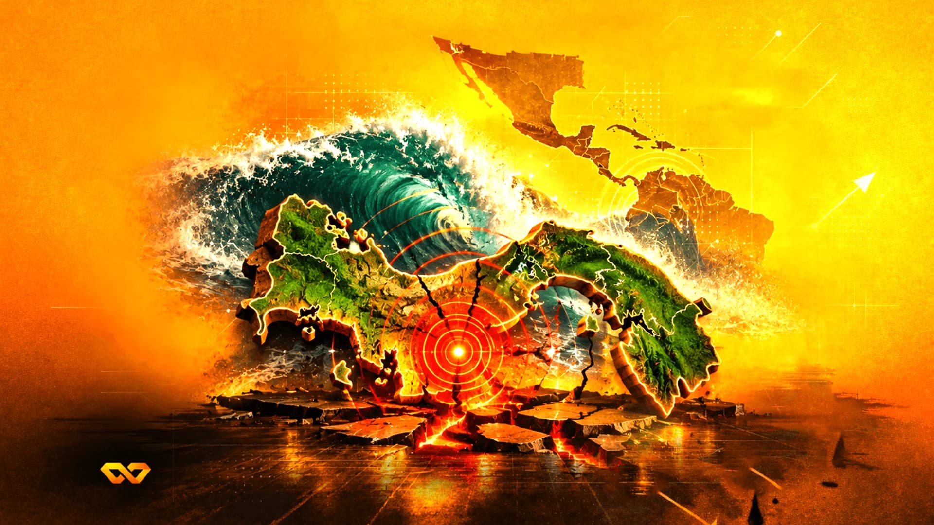 Stylized map of Panama splitting apart with seismic rings and a large wave in a fiery orange landscape.
