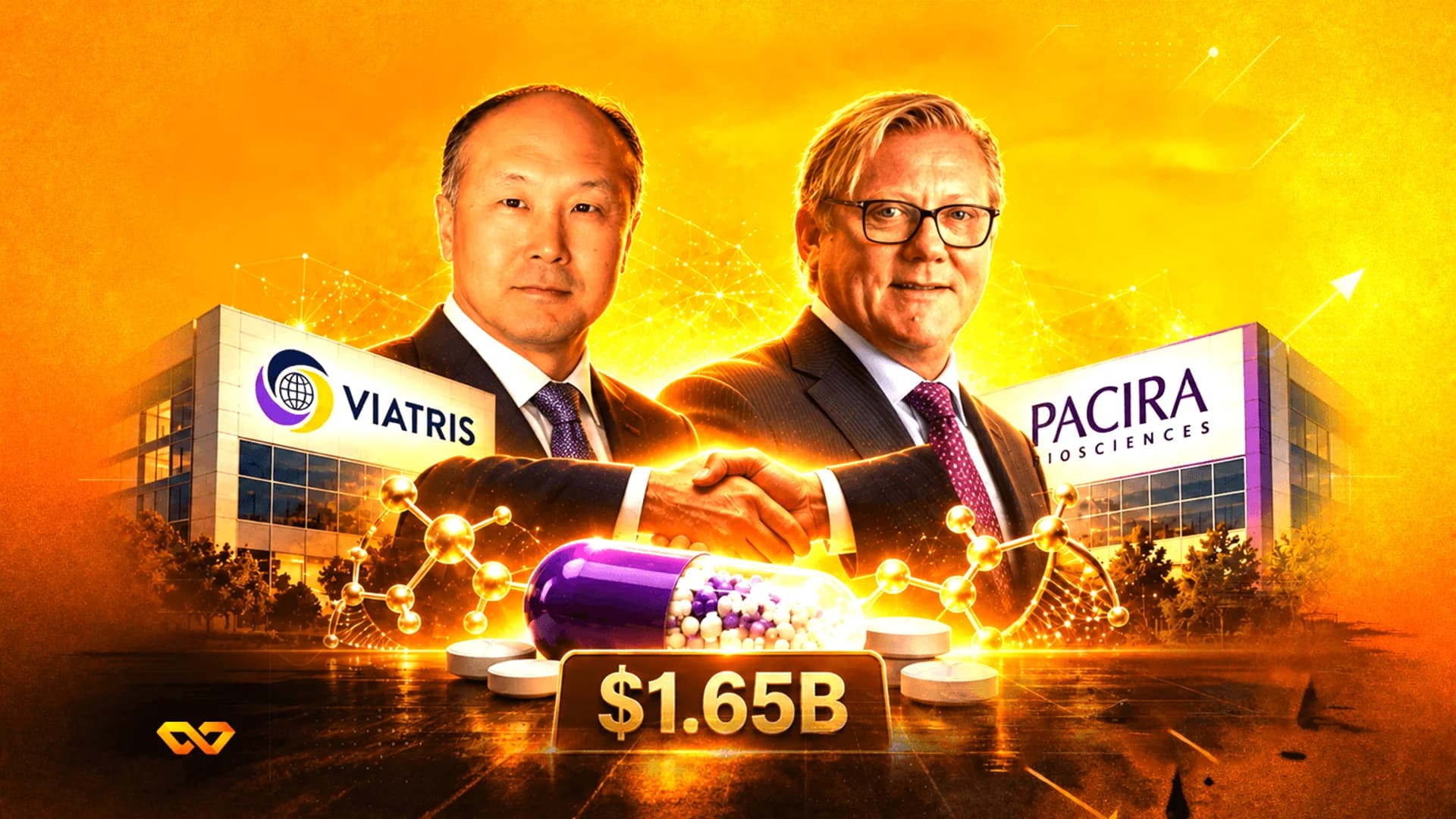 Two men shaking hands between Viatris and Pacira Biosciences buildings, with a large pill and $1.65B sign.