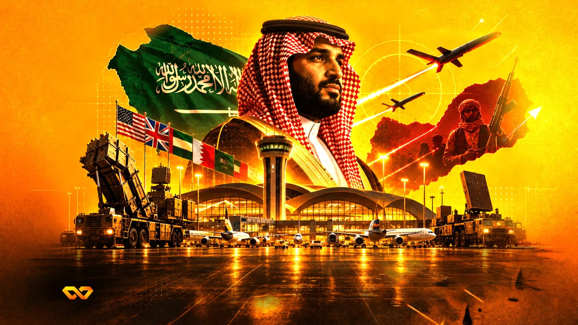 Digital collage featuring Mohammed bin Salman, the Saudi flag, military defense systems, and an airport.