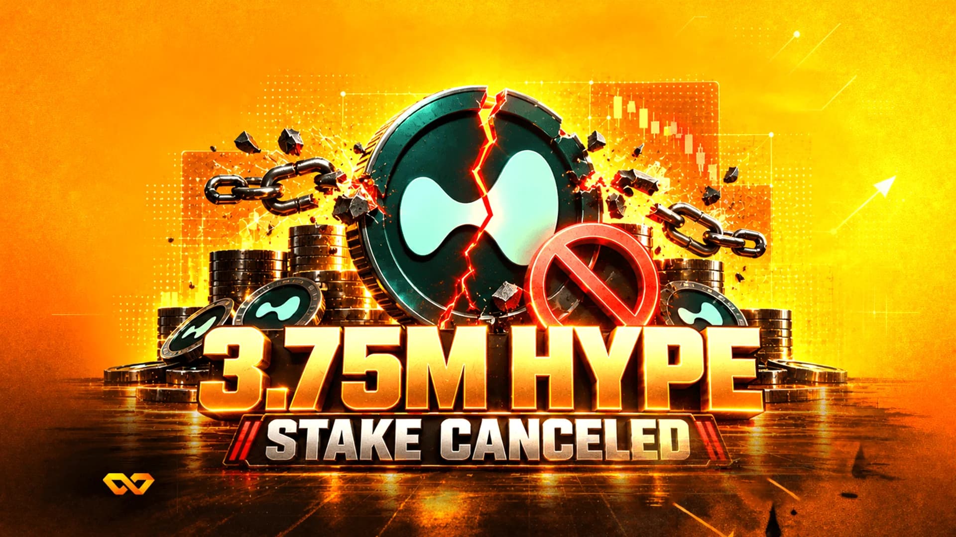 Cracked teal coin with a white logo, broken chains, and text 3.75M HYPE STAKE CANCELED on an orange background.