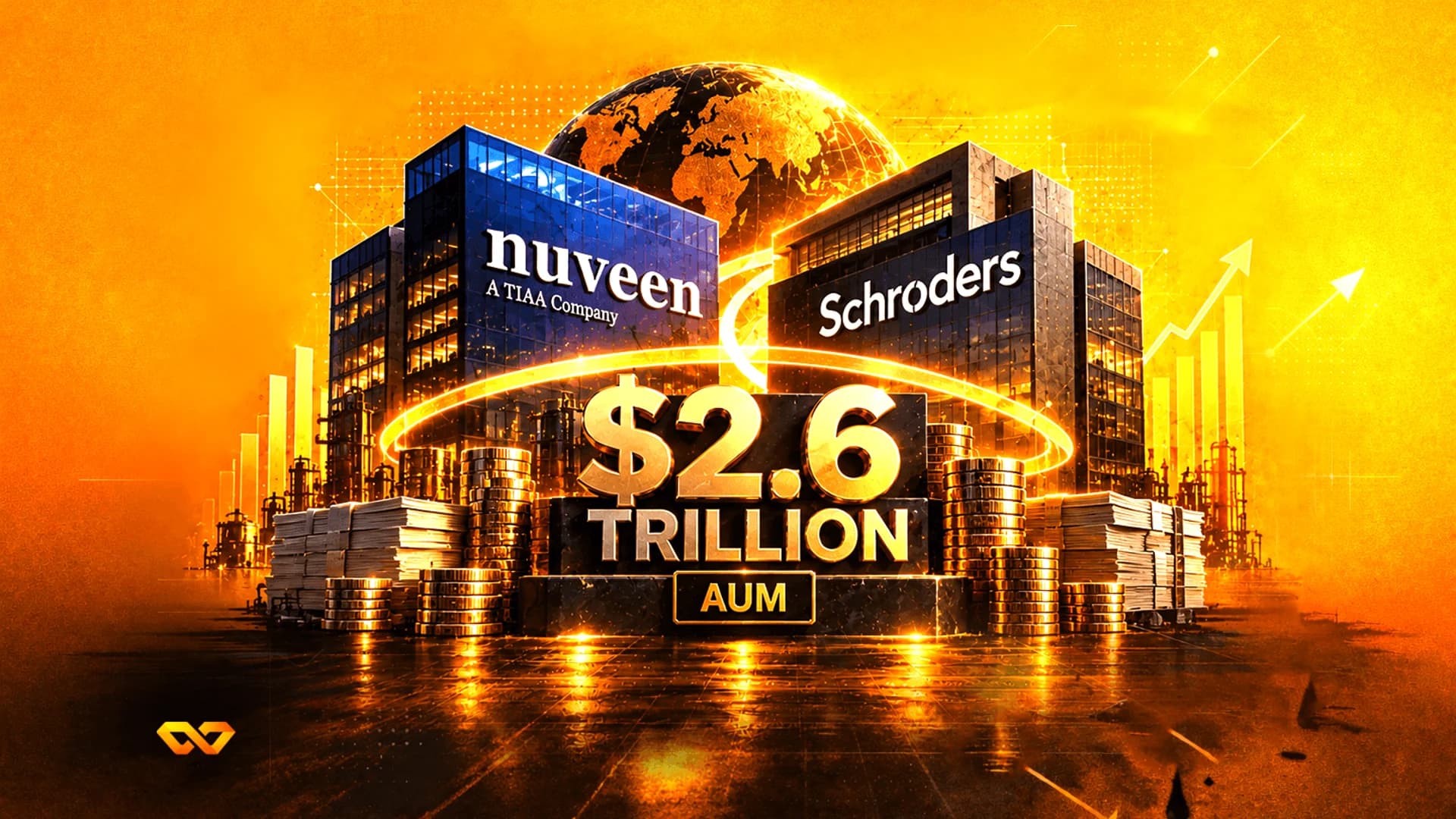Digital illustration of Nuveen and Schroders buildings with $2.6 trillion AUM text on a golden background.