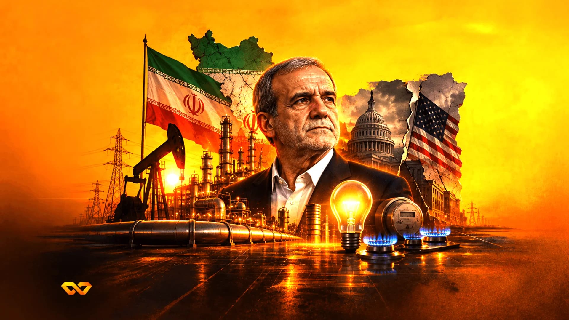 Portrait of an Iranian official with flags of Iran and USA, oil refinery, and energy symbols in warm orange tones.