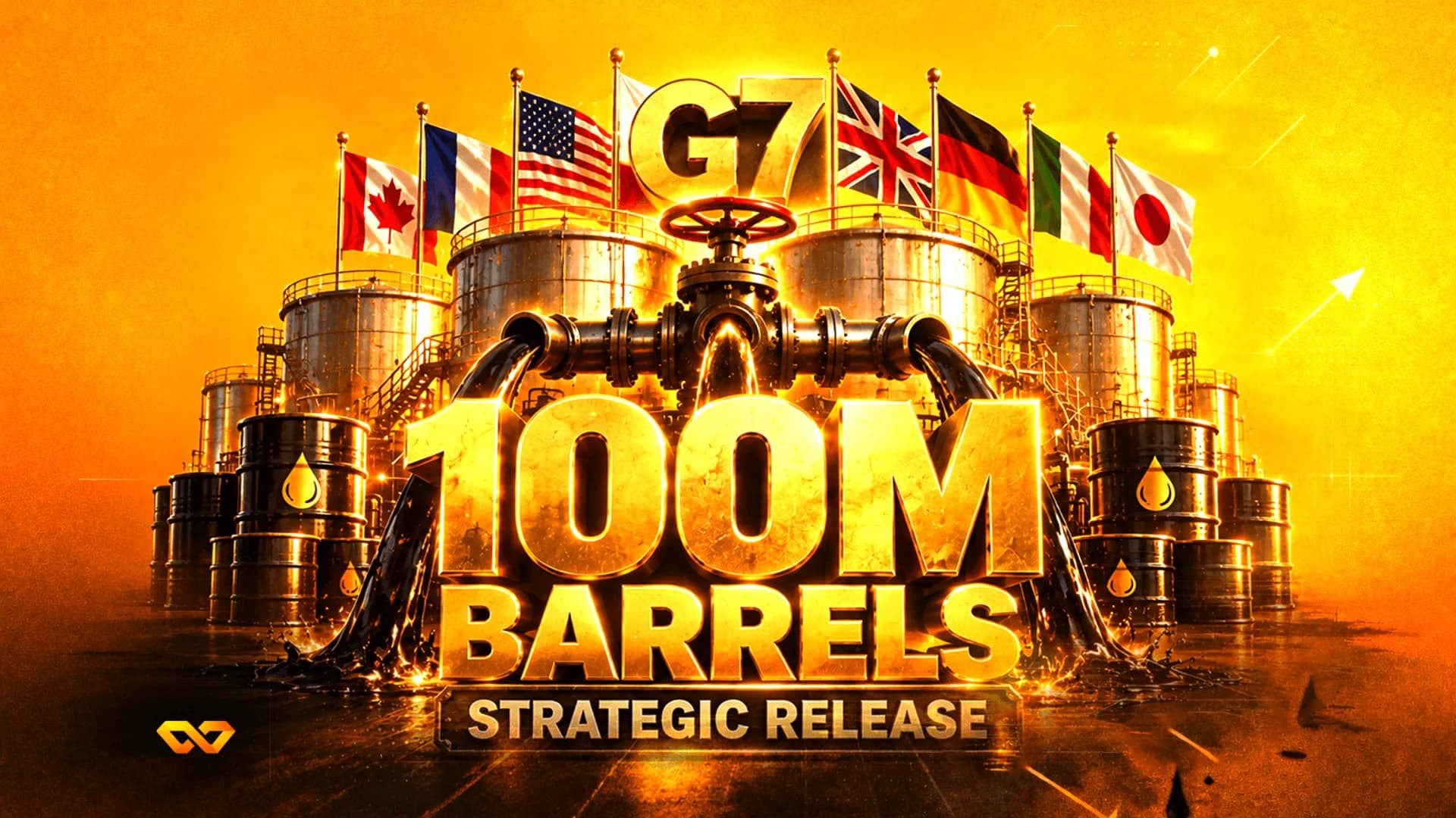 Golden 3D graphic of oil tanks, barrels, and G7 flags with text '100M Barrels Strategic Release'.