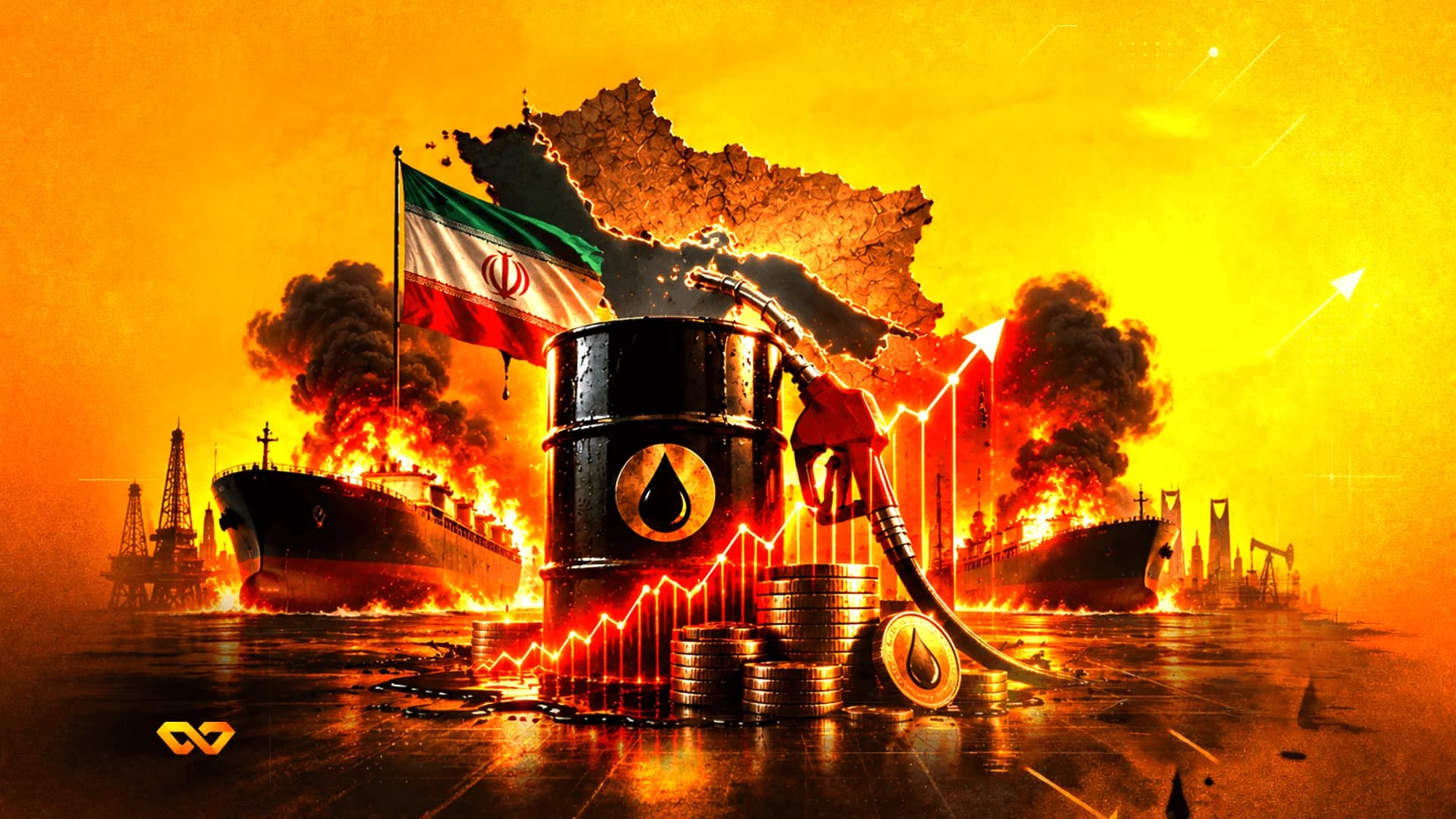 Oil barrel and gas pump nozzle in front of an Iranian flag, map, and burning tankers with a rising price chart.