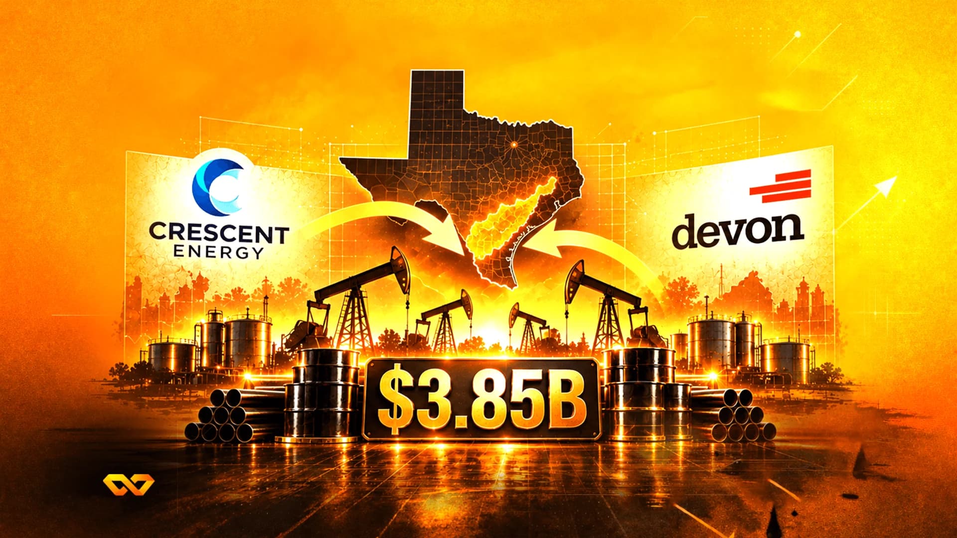 Graphic with Crescent Energy and Devon Energy logos, Texas map, oil pumpjacks, and a $3.85B sign on orange background.